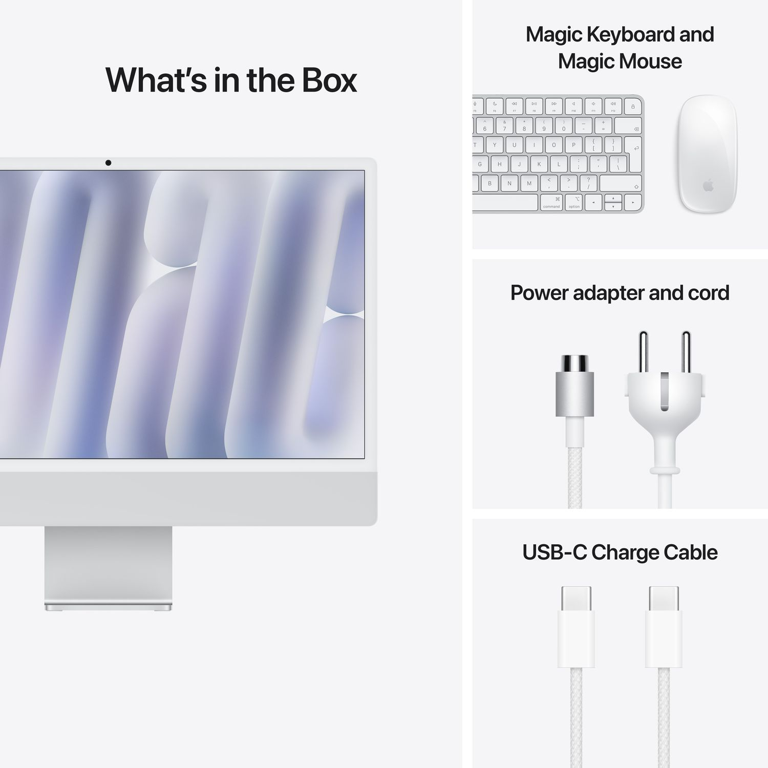 An iMac with keyboard, mouse, and power adapter. All items are white.