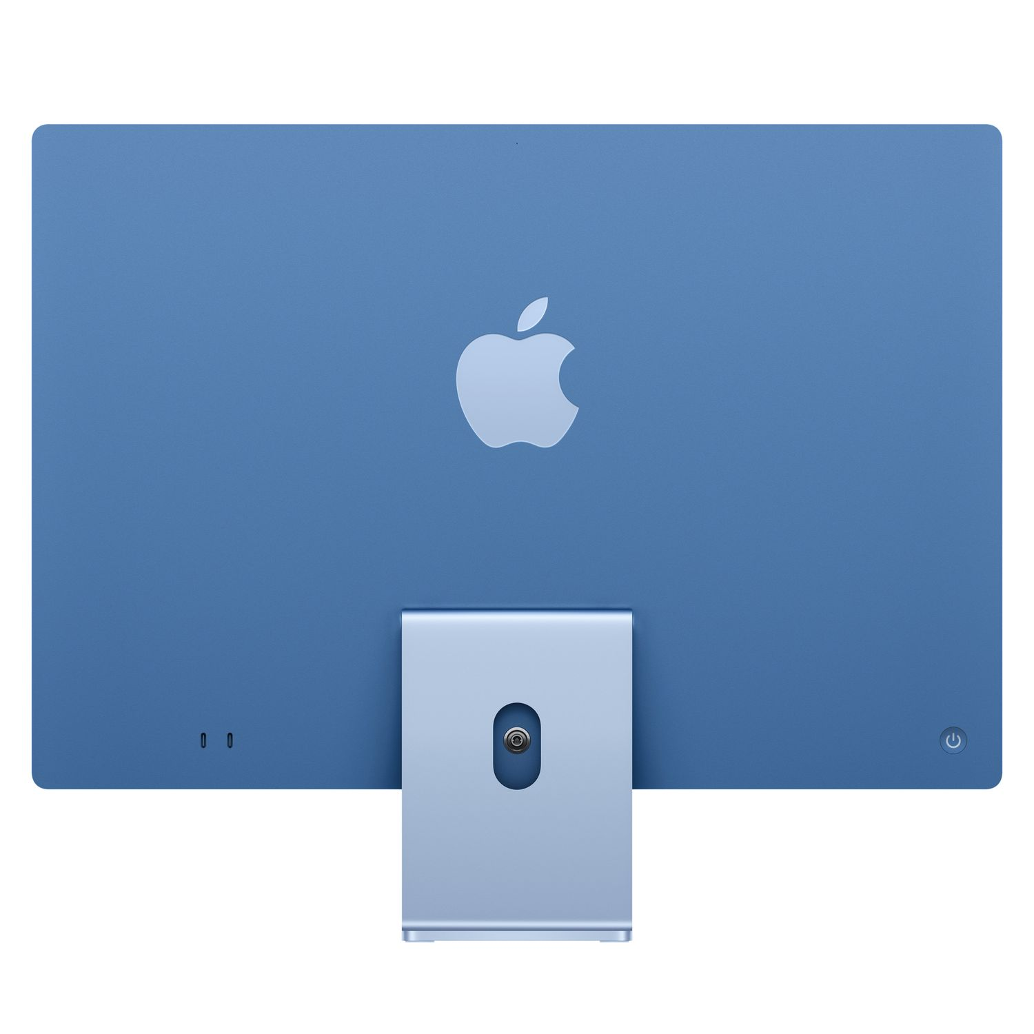 Achterkant van een blauwe iMac met Apple-logo. Een zilveren standaard ondersteunt de monitor.