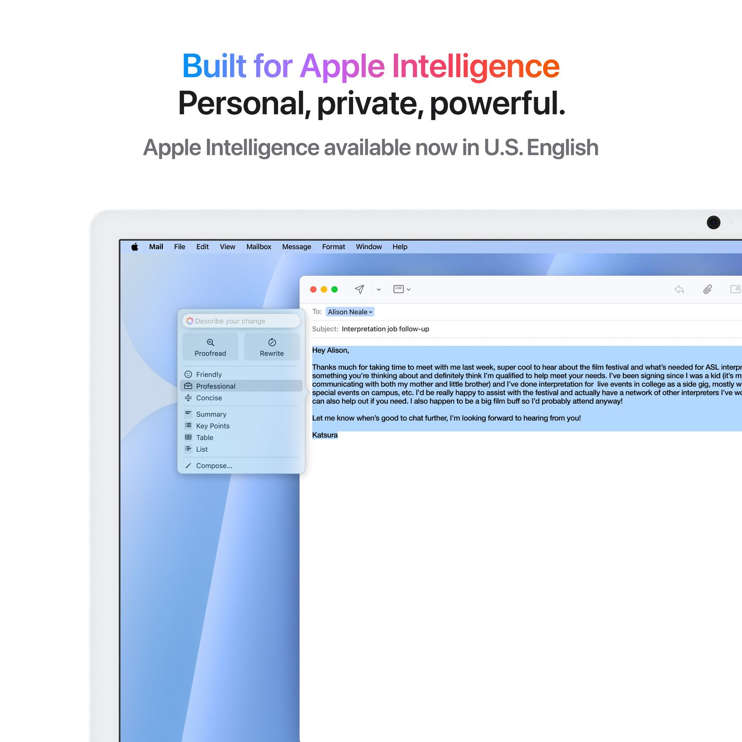 Apple's white computer screen displaying an email interface with editing options and text.