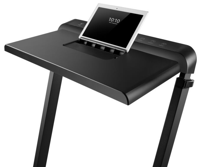 Czarny biurko na bieżni z tabletem wyświetlającym godzinę i przyciskami.