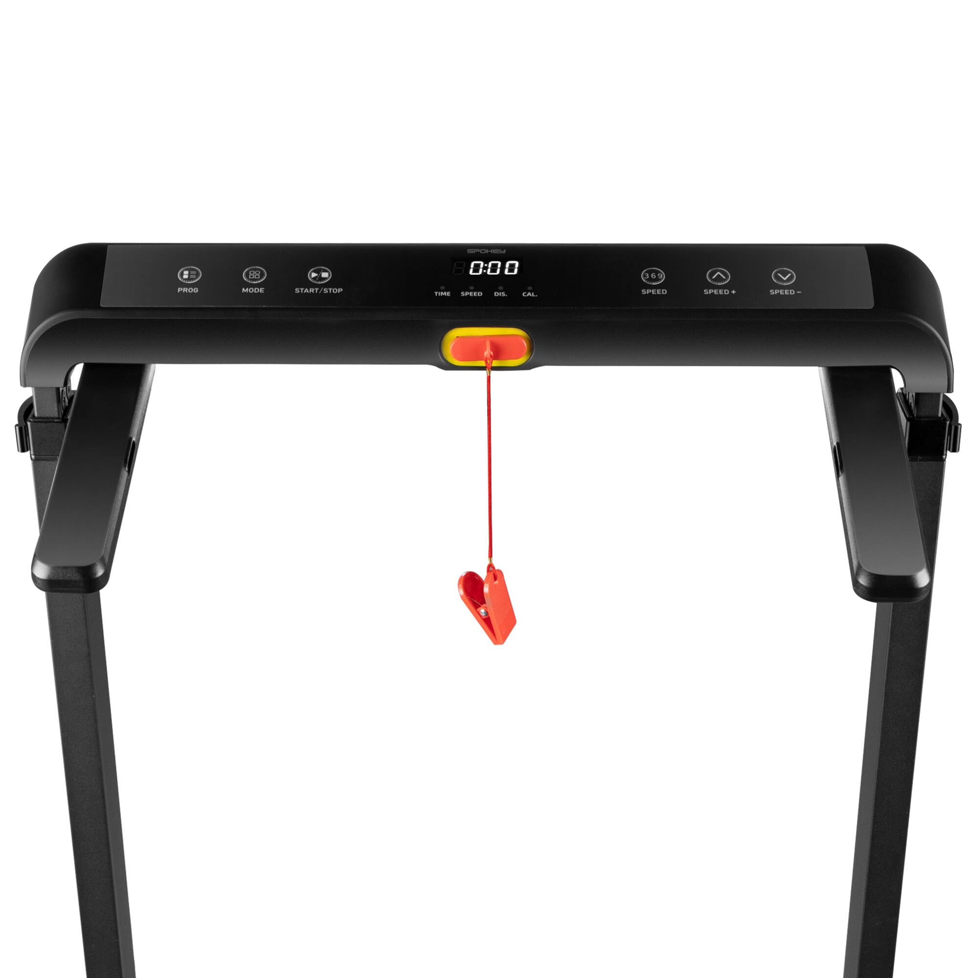 Widok z góry na czarny panel sterowania bieżni z wyświetlaczem i czerwonym kluczem bezpieczeństwa.
