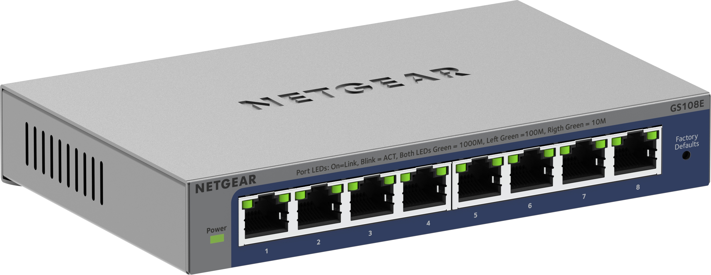 Uno switch Netgear grigio con 8 porte, ciascuna con un LED verde, su sfondo bianco.