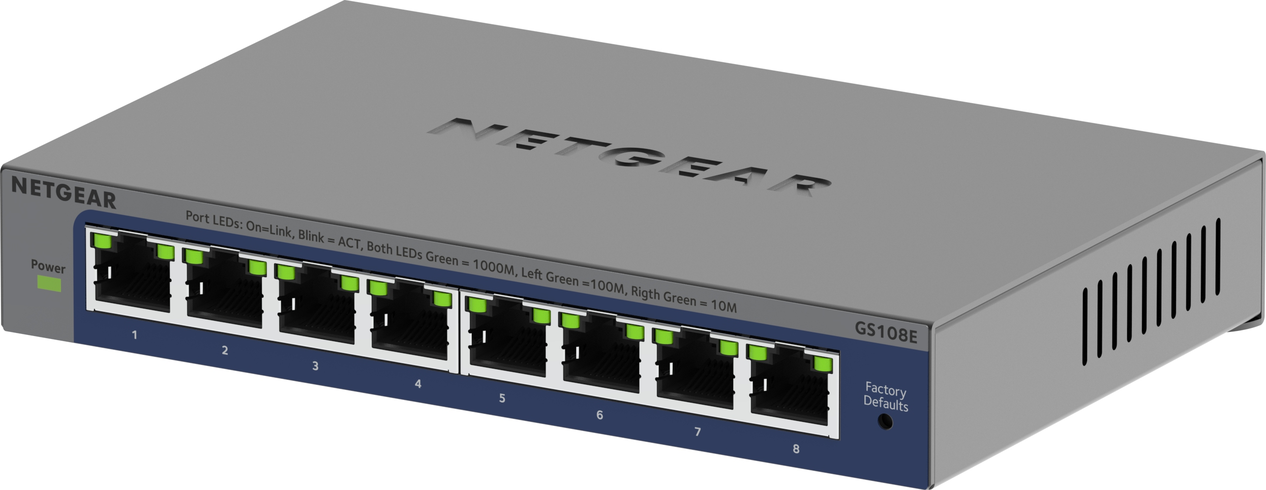 Switch di rete Netgear grigio con porte ed etichette. Testo nero, sfondo bianco.