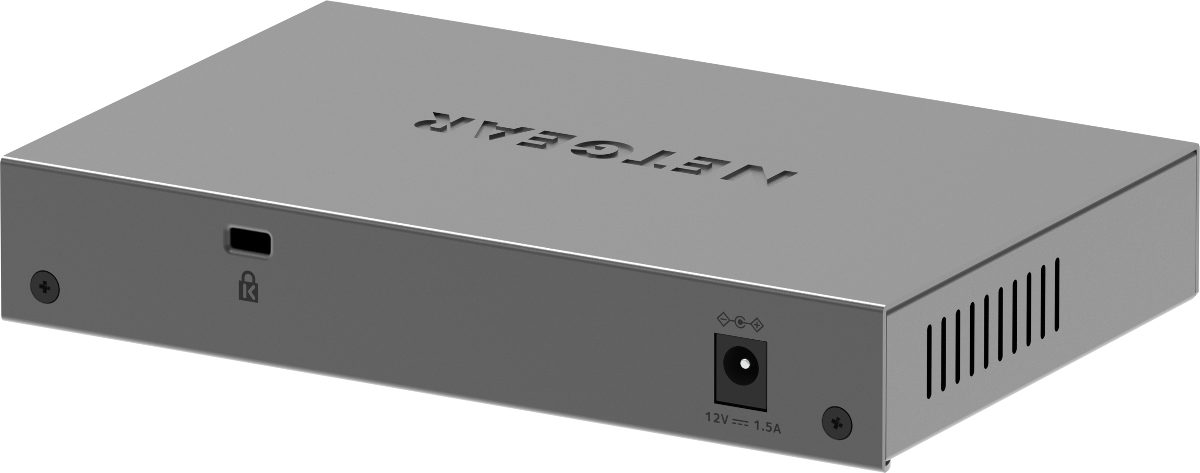 Un dispositivo di rete Netgear grigio con porte e il marchio sulla parte superiore.