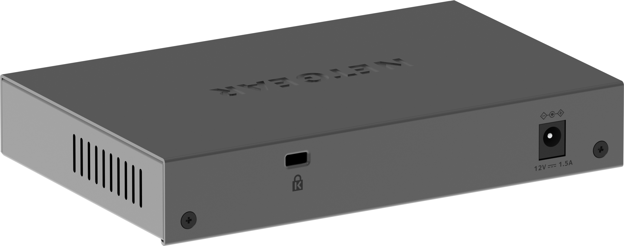 Un dispositivo di rete NETGEAR nero con una porta di alimentazione CC e un simbolo di lucchetto.
