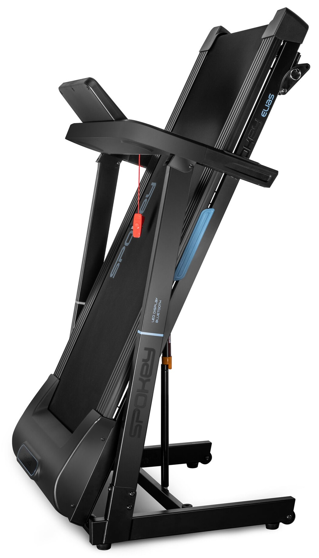 Bieżnia złożona, pod kątem na białym tle, z logo Spokey.