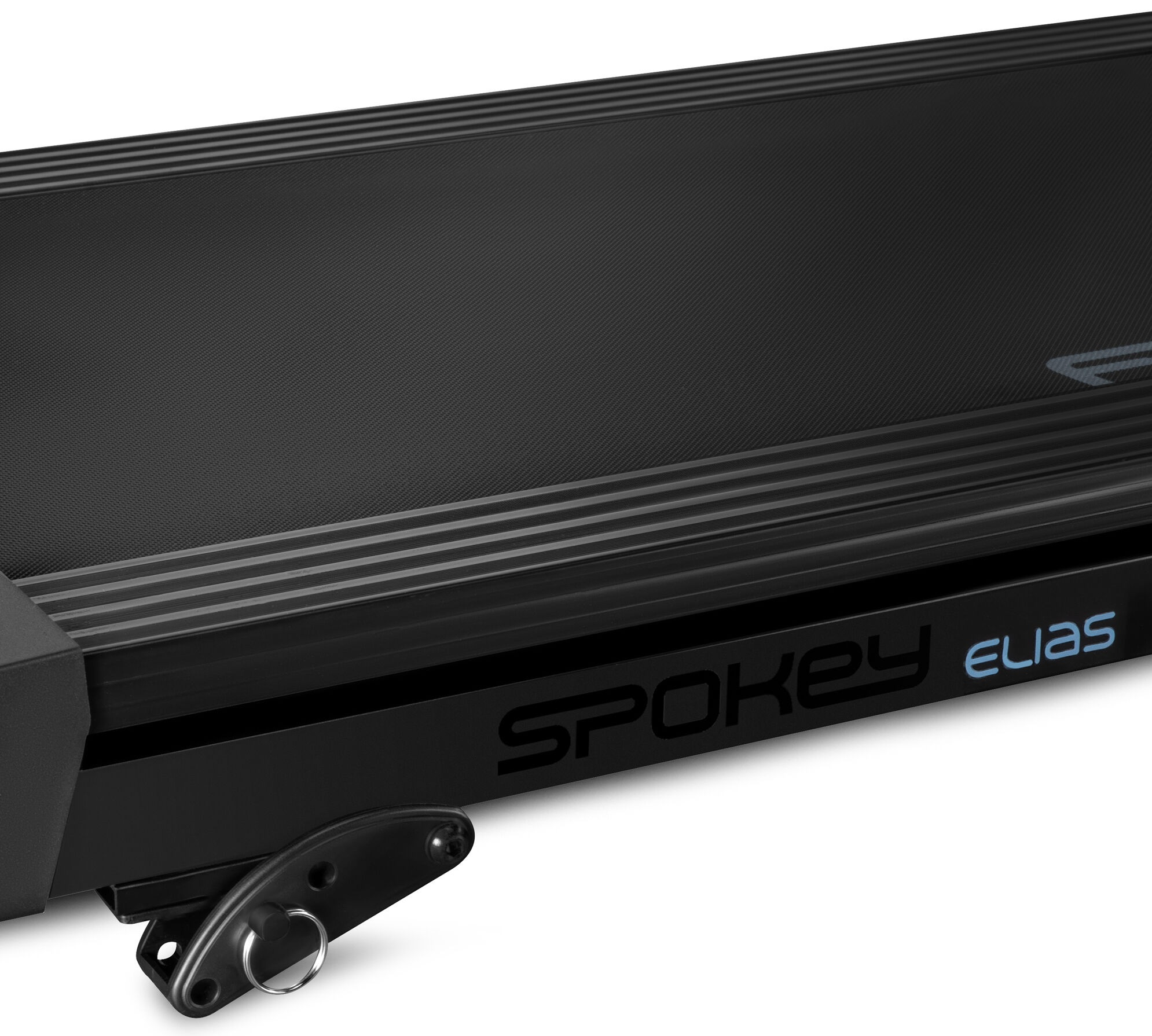 Czarna bieżnia z nazwą marki Spokey Elias z boku, na białym tle.