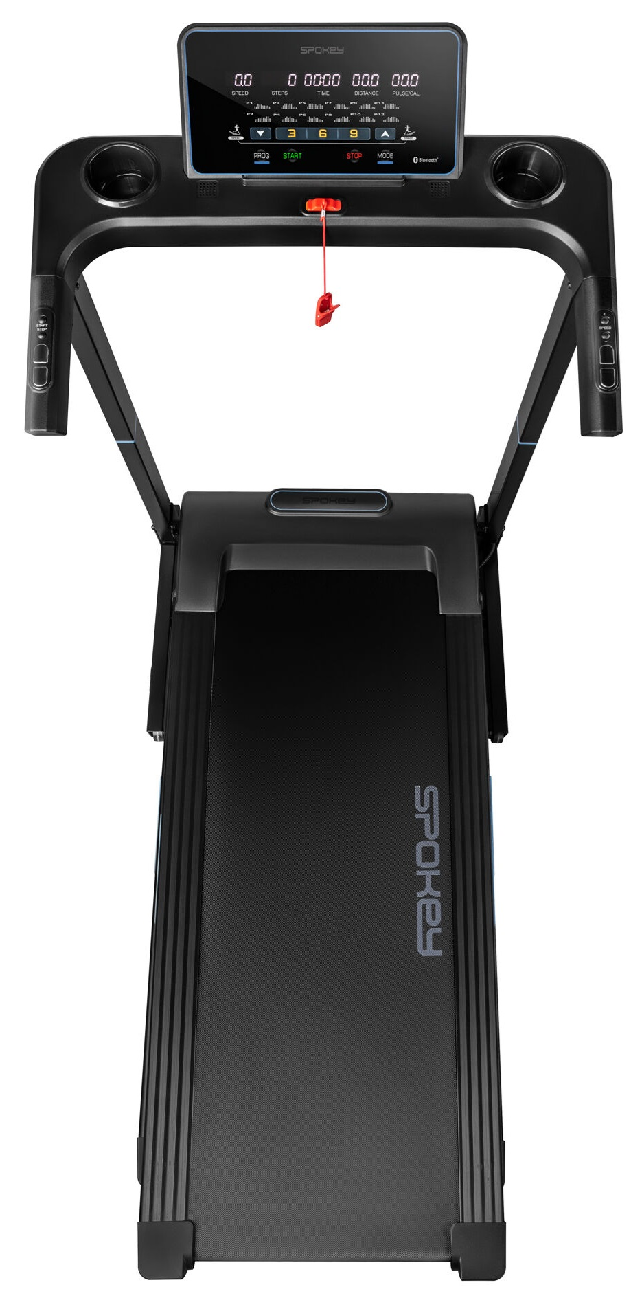 Widok z góry czarnej bieżni Spokey z panelem sterowania i czerwonym kluczem bezpieczeństwa.
