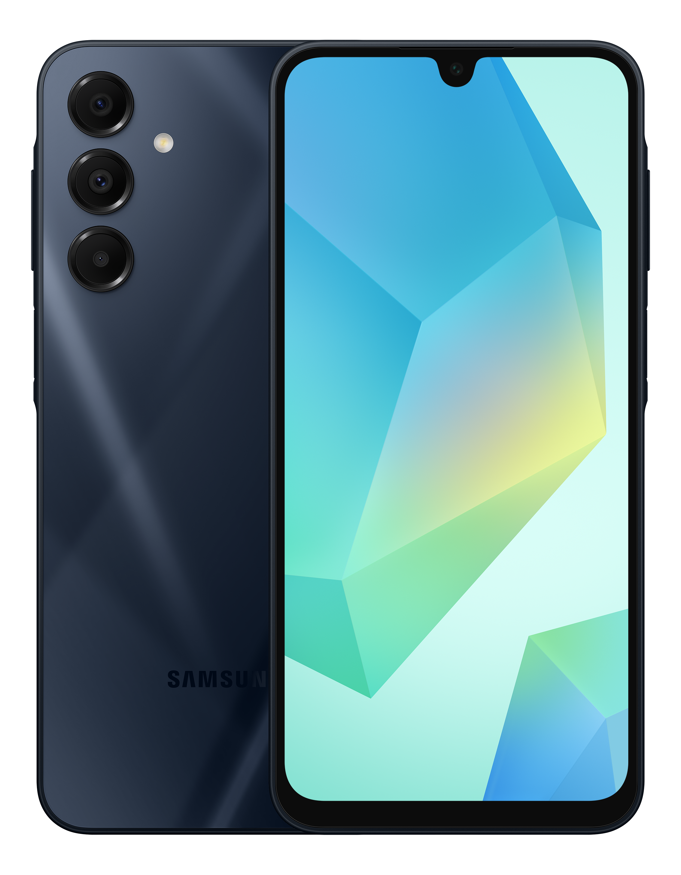 Smartphone Samsung bleu marine, avec design géométrique coloré sur l'écran. Trois caméras à l'arrière.