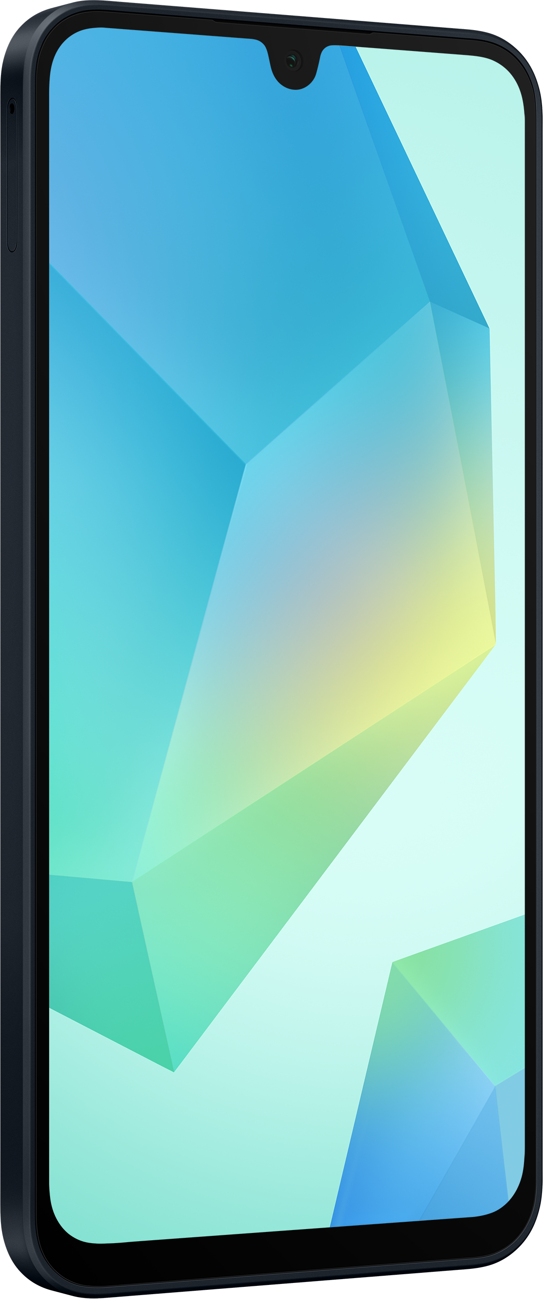 Un smartphone dans un boîtier bleu foncé, affichant un motif géométrique abstrait et coloré.