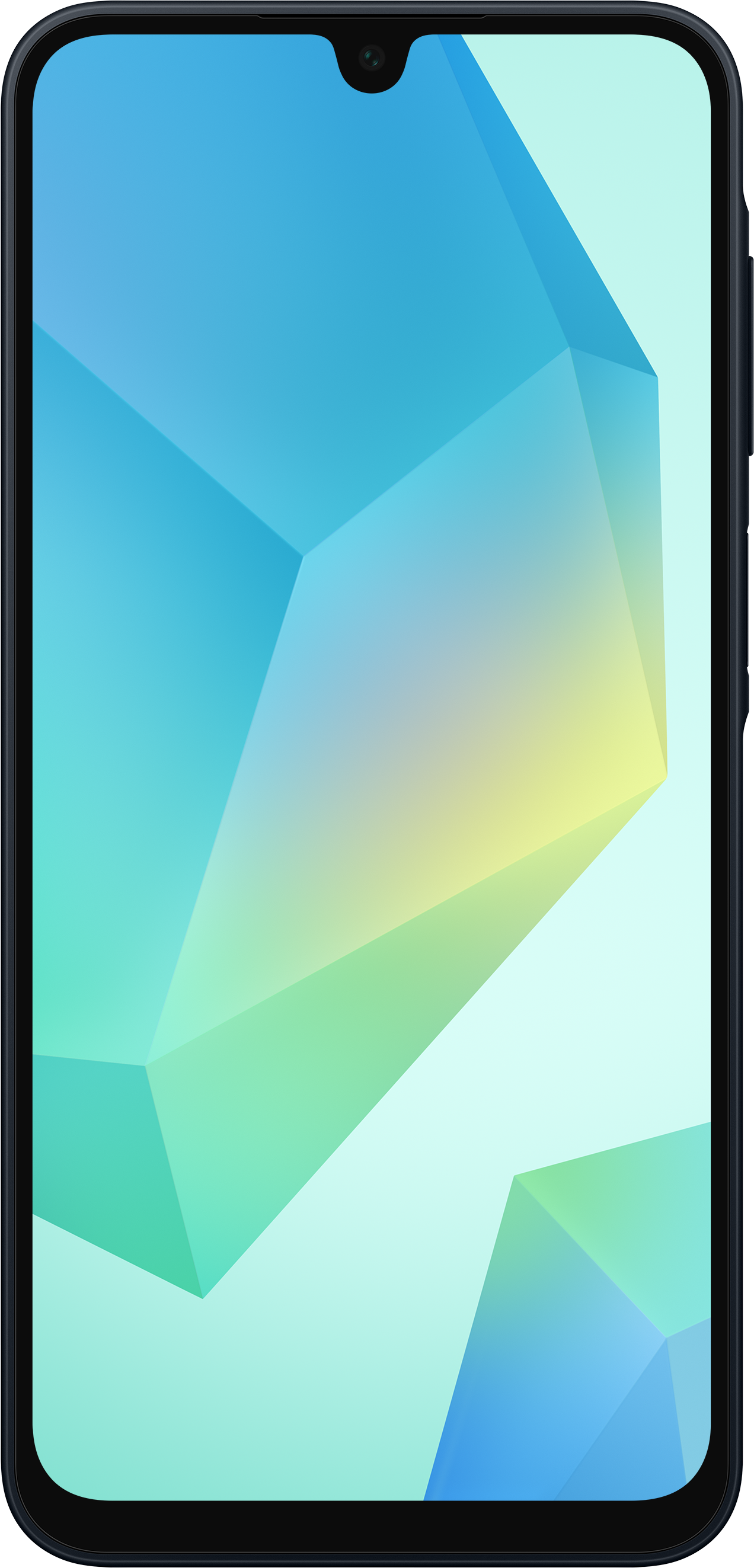 Un smartphone avec un boîtier bleu et un écran affichant un motif géométrique bleu et vert.