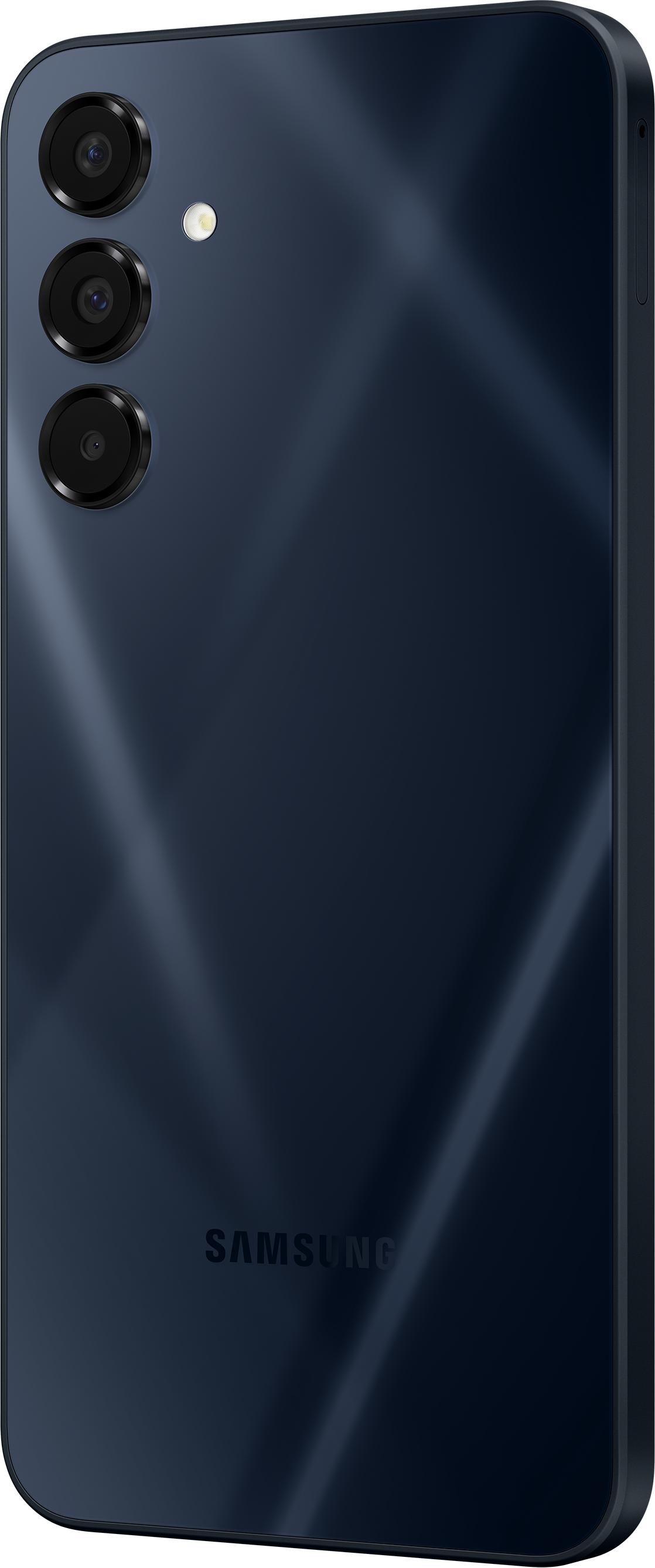 Dos de smartphone bleu marine avec triple caméra et logo Samsung. Finition brillante.