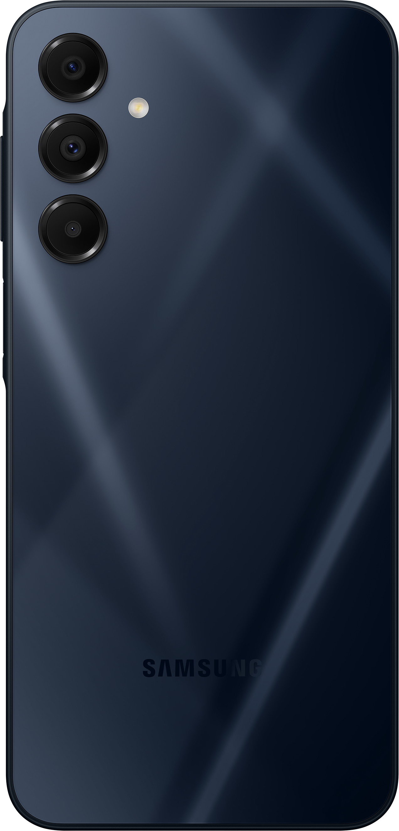L'arrière d'un téléphone Samsung bleu foncé avec trois caméras. La surface est brillante.