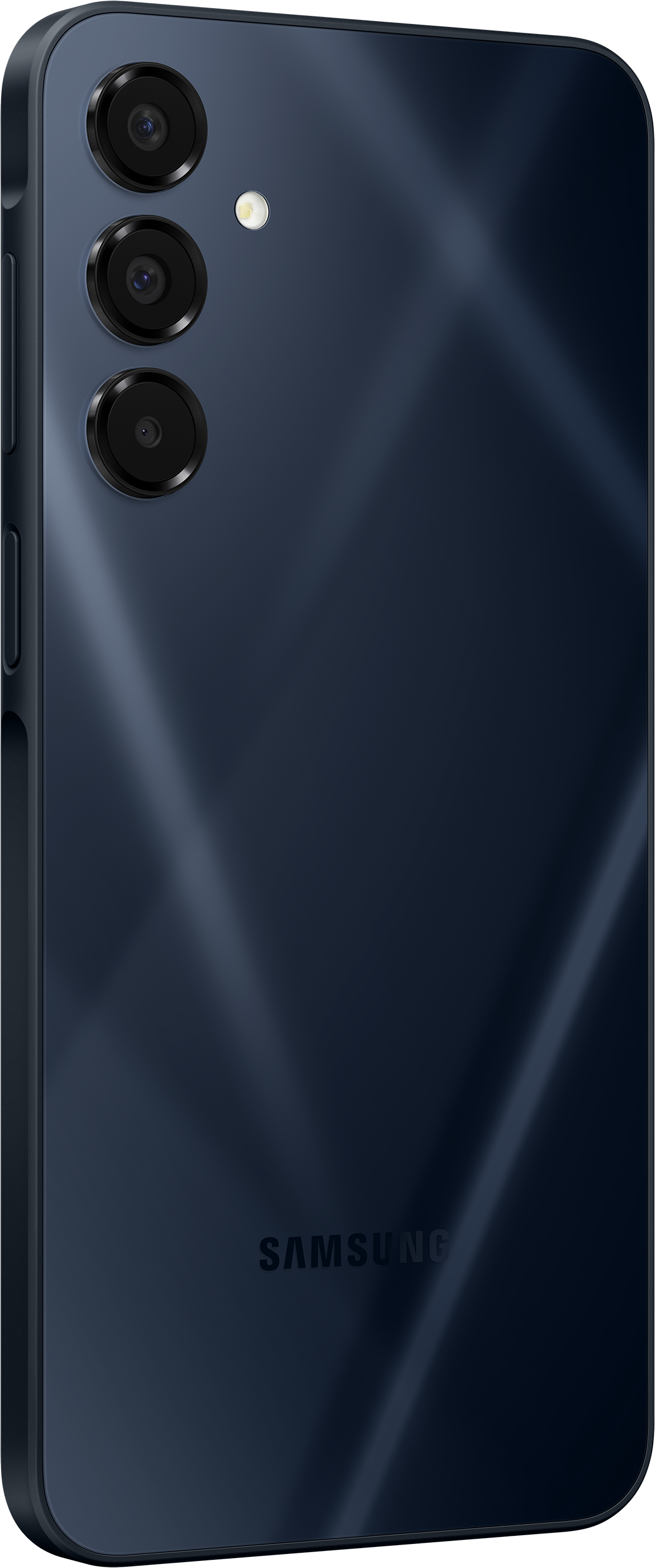 Un téléphone Samsung bleu marine, présentant des caméras arrière et une finition brillante.