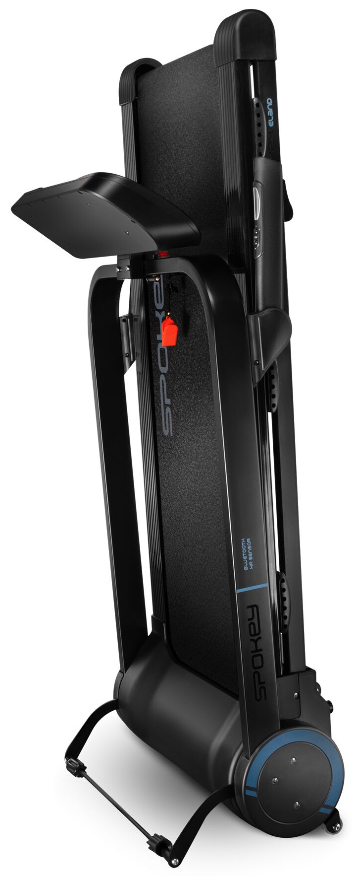 Złożona czarna bieżnia, z panelem wyświetlacza do góry, pokazująca markę 'Spokey'.