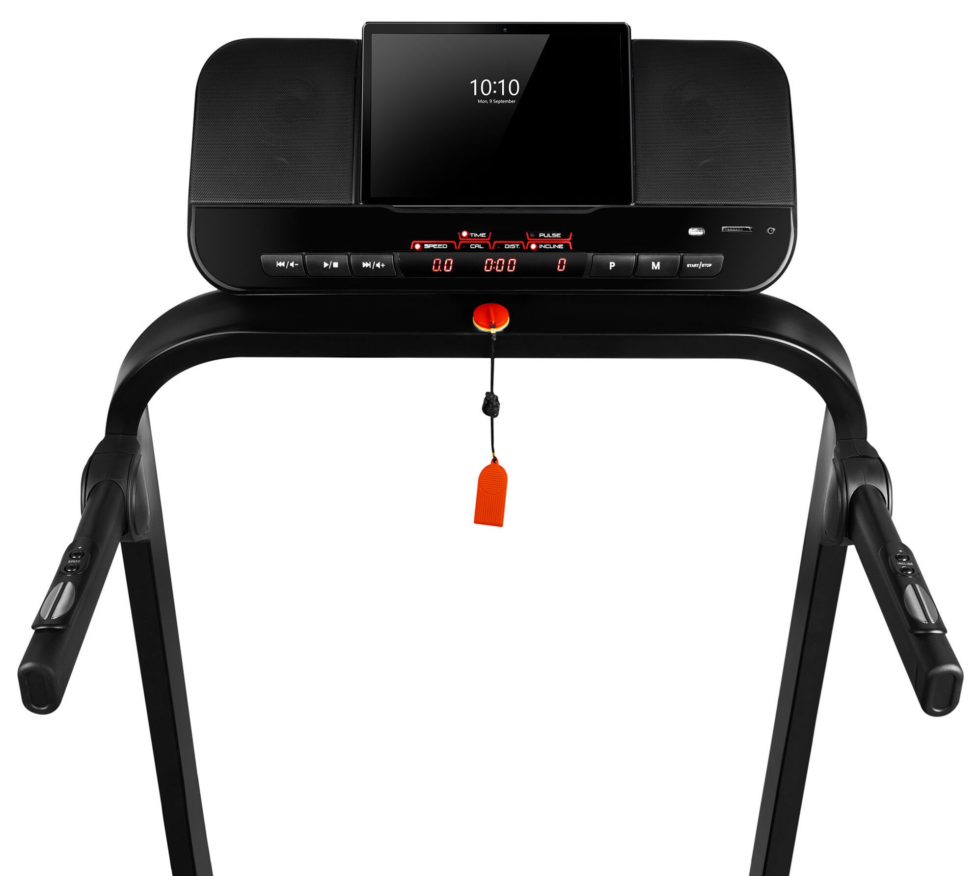Bieżnia z tabletem wyświetlającym czas. Czarna rama z panelem sterowania, linką awaryjnego zatrzymania.