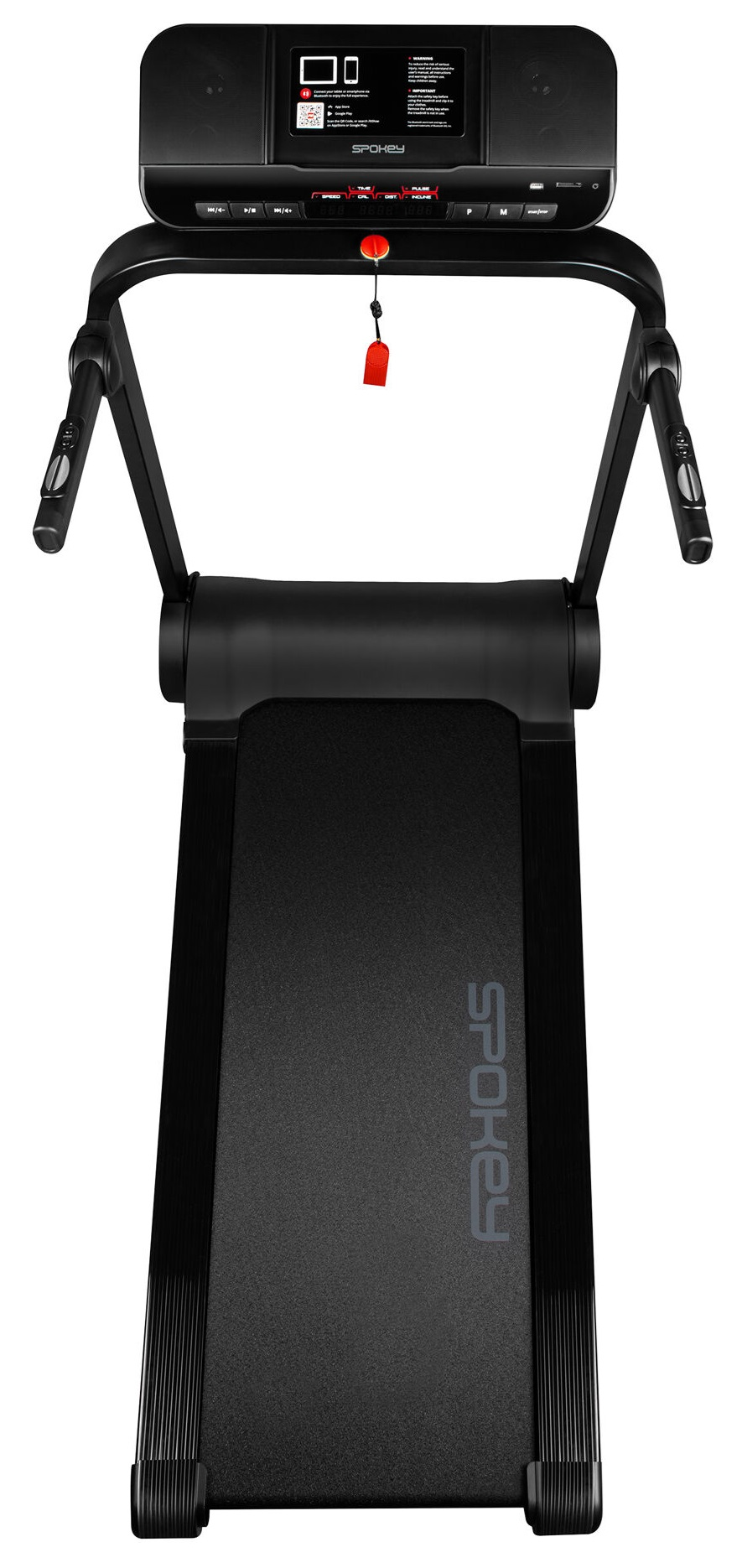 Bieżnia z góry. Czarna powierzchnia do biegania, panel sterowania i uchwyty są widoczne.