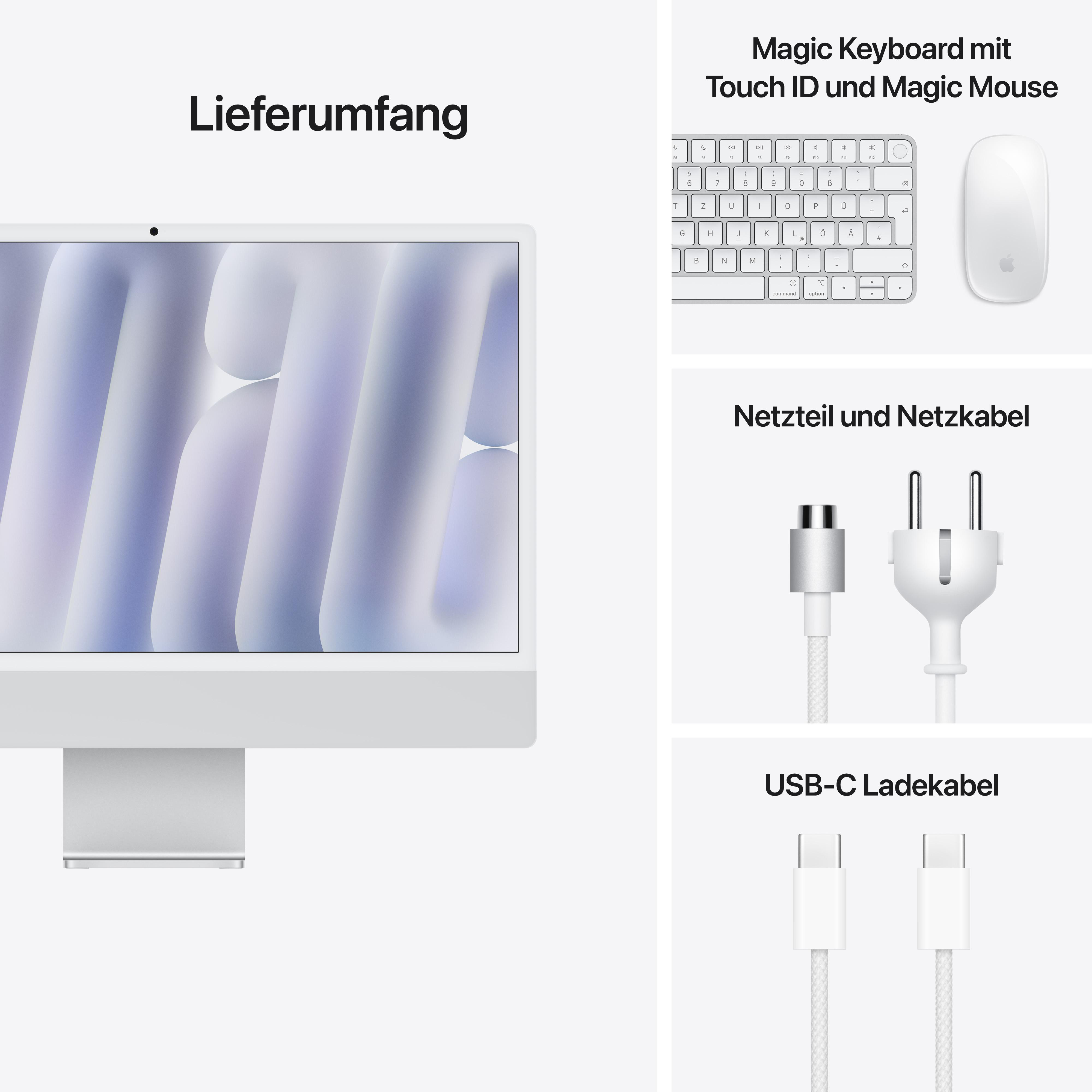 Ein weißer iMac mit Zubehör: Tastatur, Maus und Ladekabel sind ebenfalls zu sehen.