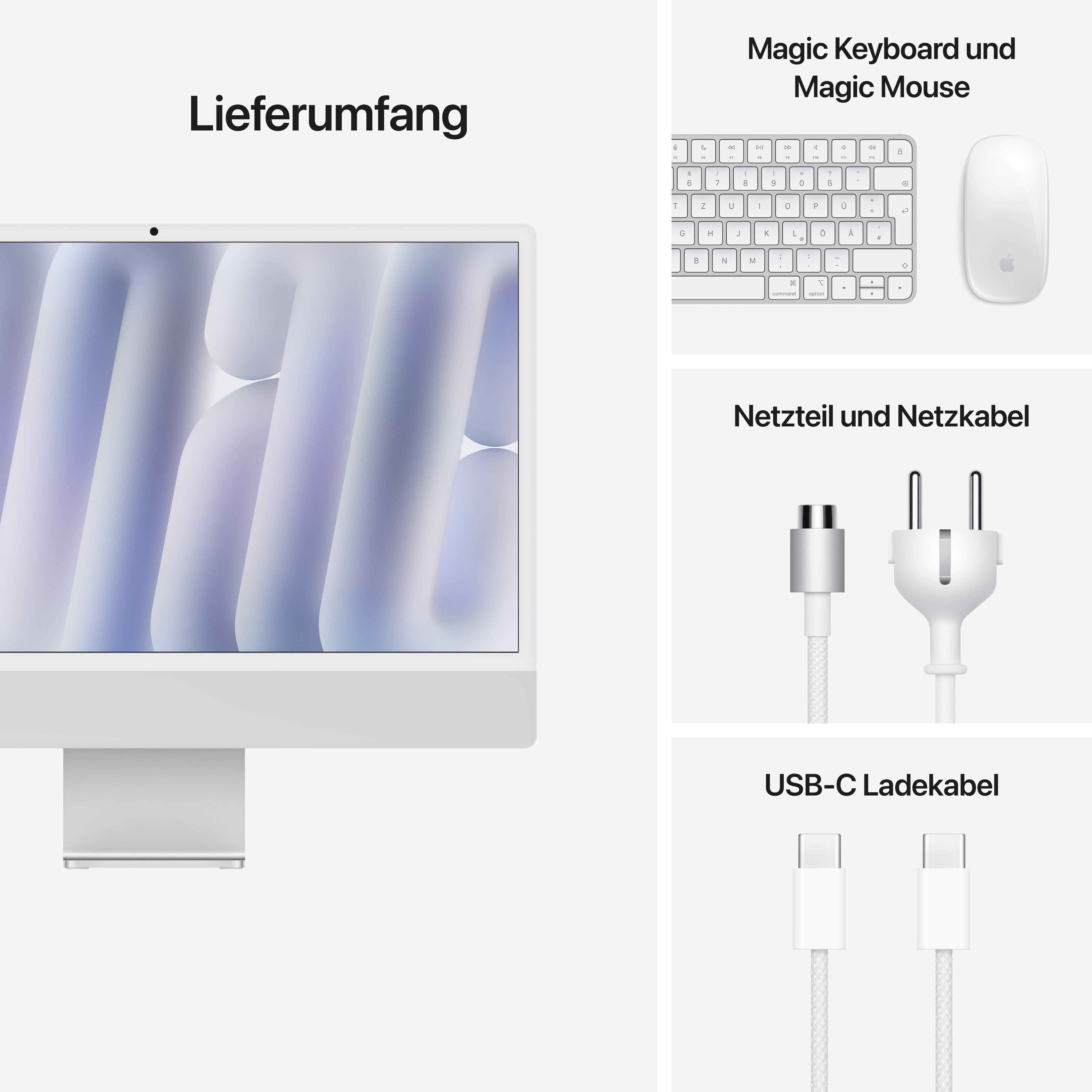 Ein All-in-One-Computer mit Tastatur, Maus und Kabeln, alles auf weißem Hintergrund.