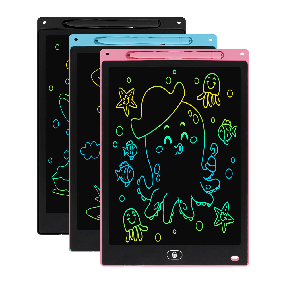Trzy kolorowe tablety do rysowania z rysunkami ośmiornic i innych stworzeń morskich.