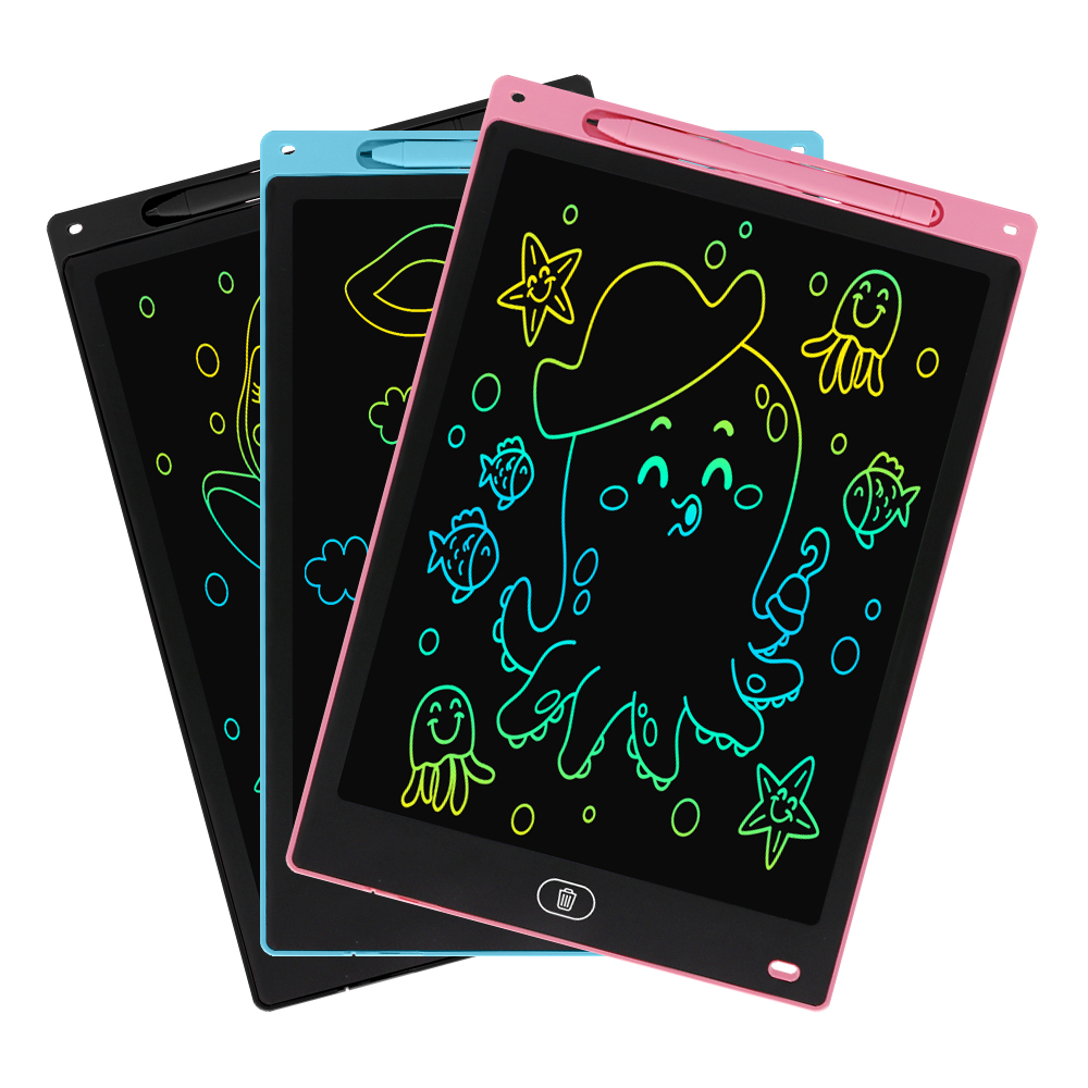 Trzy kolorowe tablety do rysowania z rysunkami postaci z kreskówek w kolorach czarnym, niebieskim i różowym.