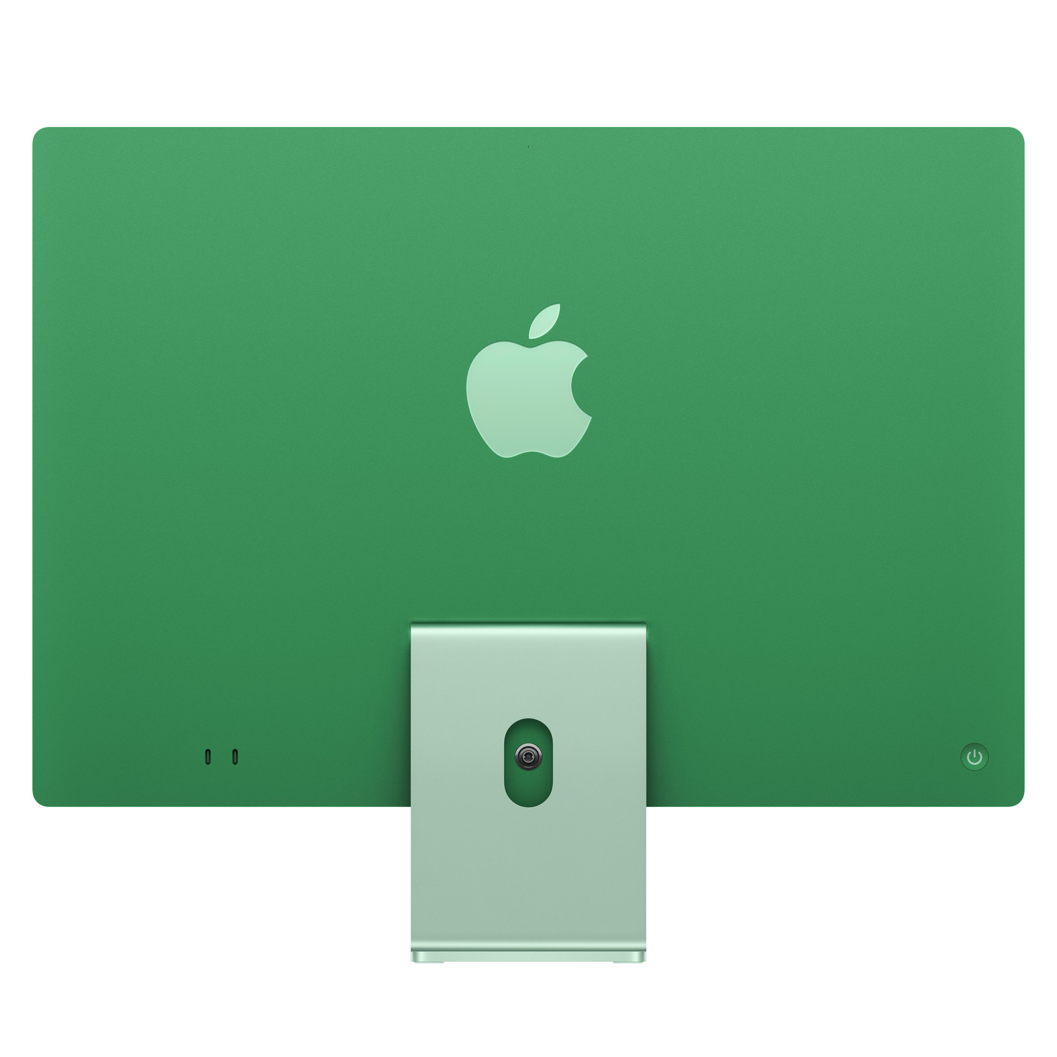 Grüner iMac-Computer. Rückansicht, Apple-Logo in Weiß. Silberner Ständer. Minimalistisches Design.