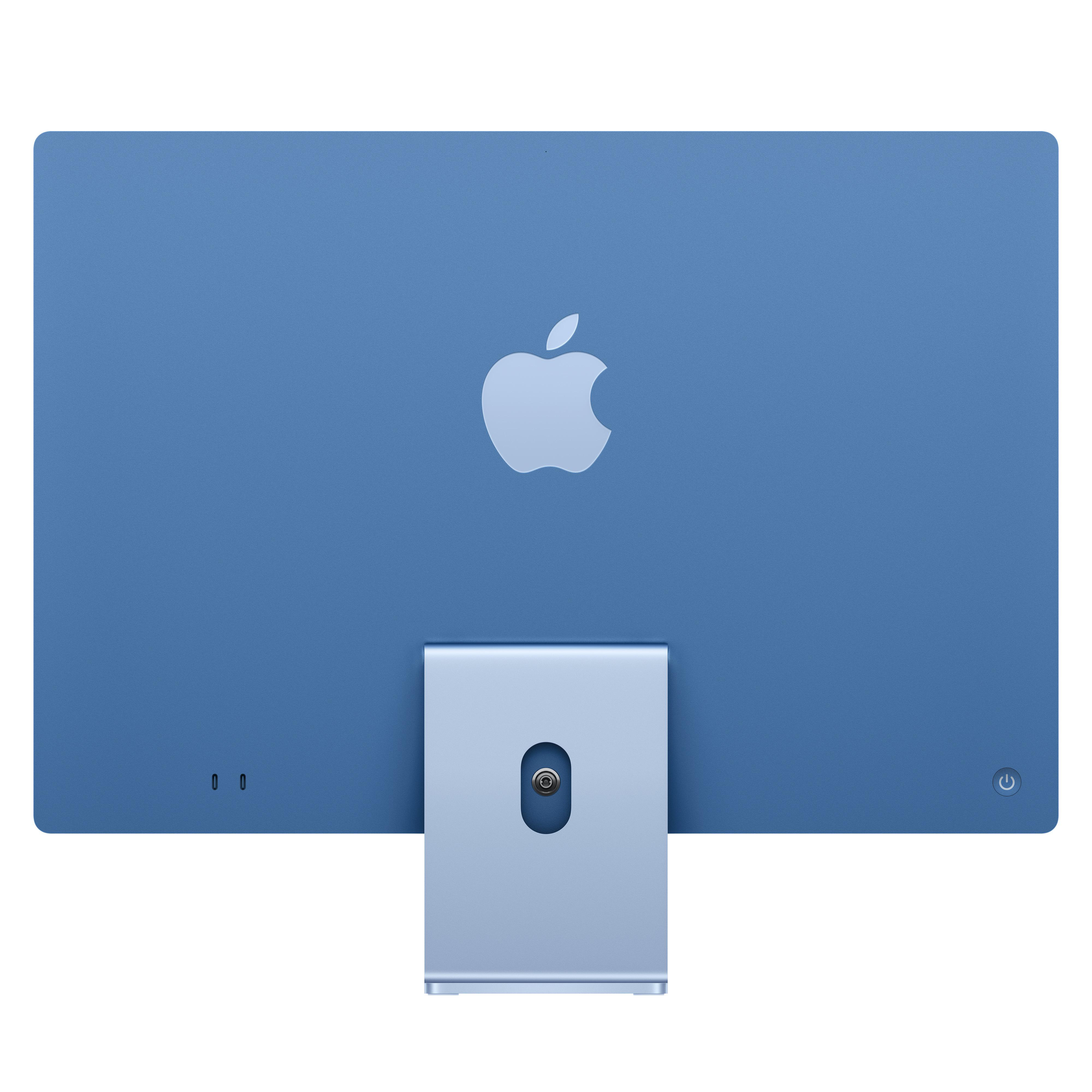 Rückansicht eines hellblauen Apple iMac Computers.