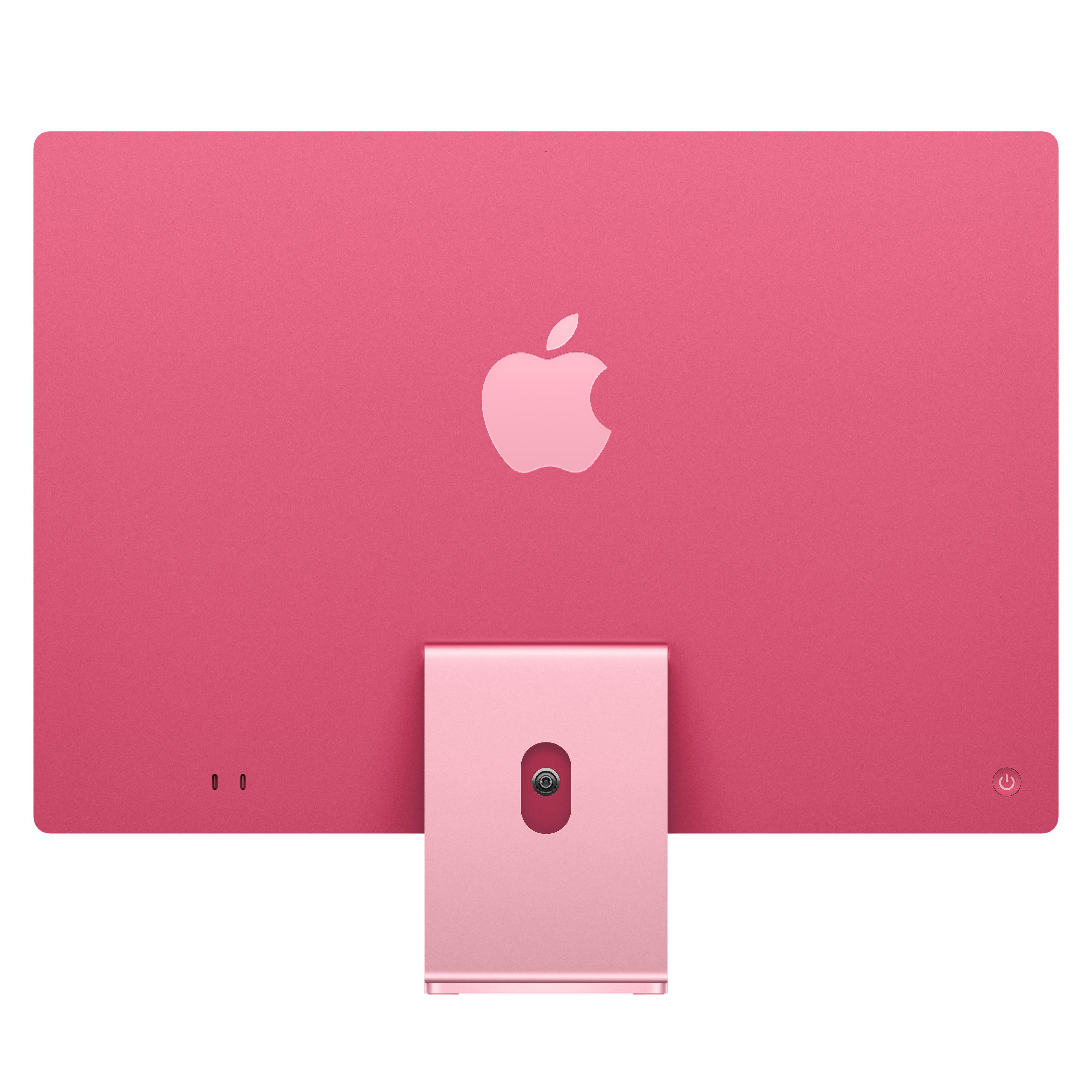 Rückseite des pinkfarbenen iMac-Computers mit Apple-Logo und Ständer.