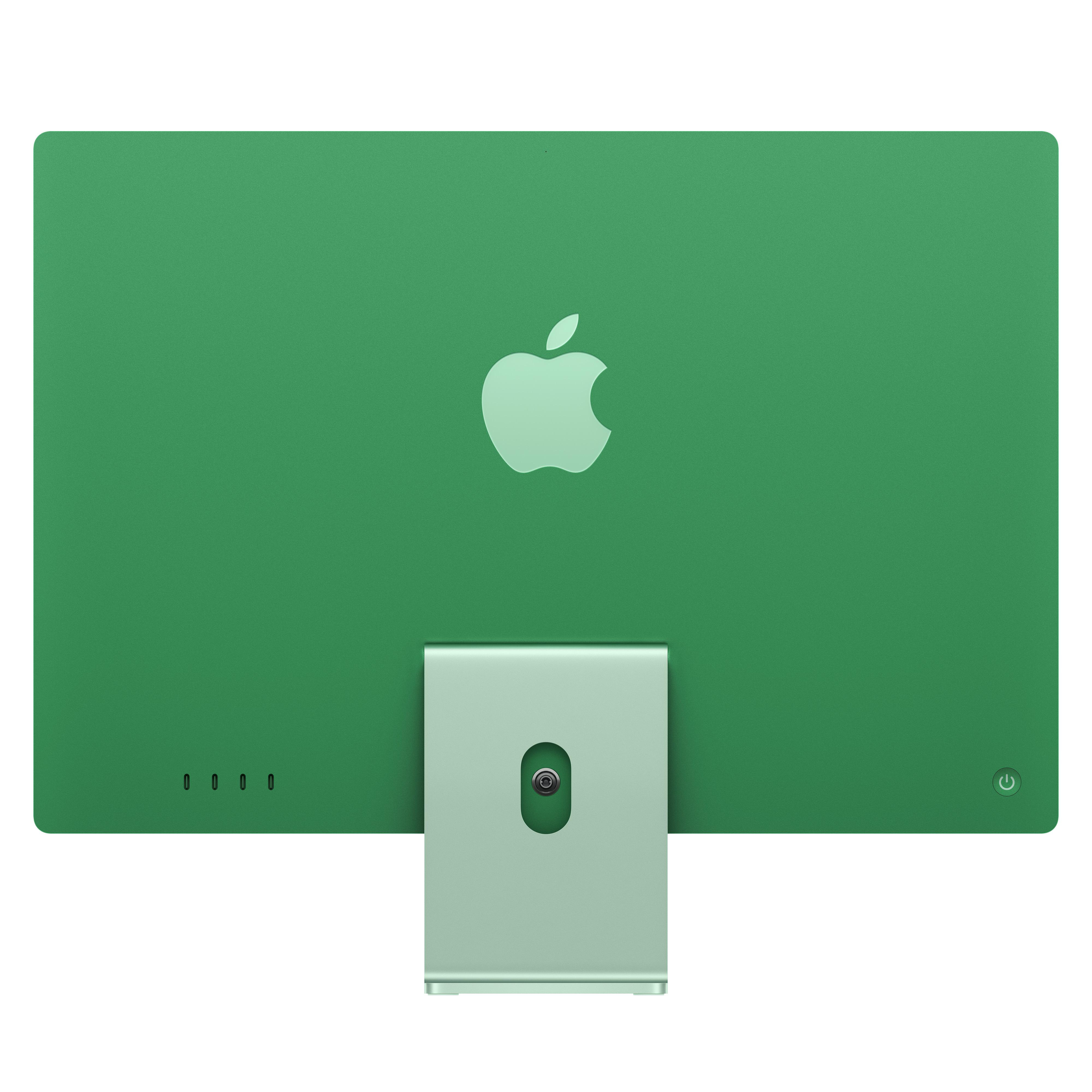 Die Rückseite eines grünen iMacs mit Apple-Logo und Ständer. Es gibt 4 Anschlüsse.