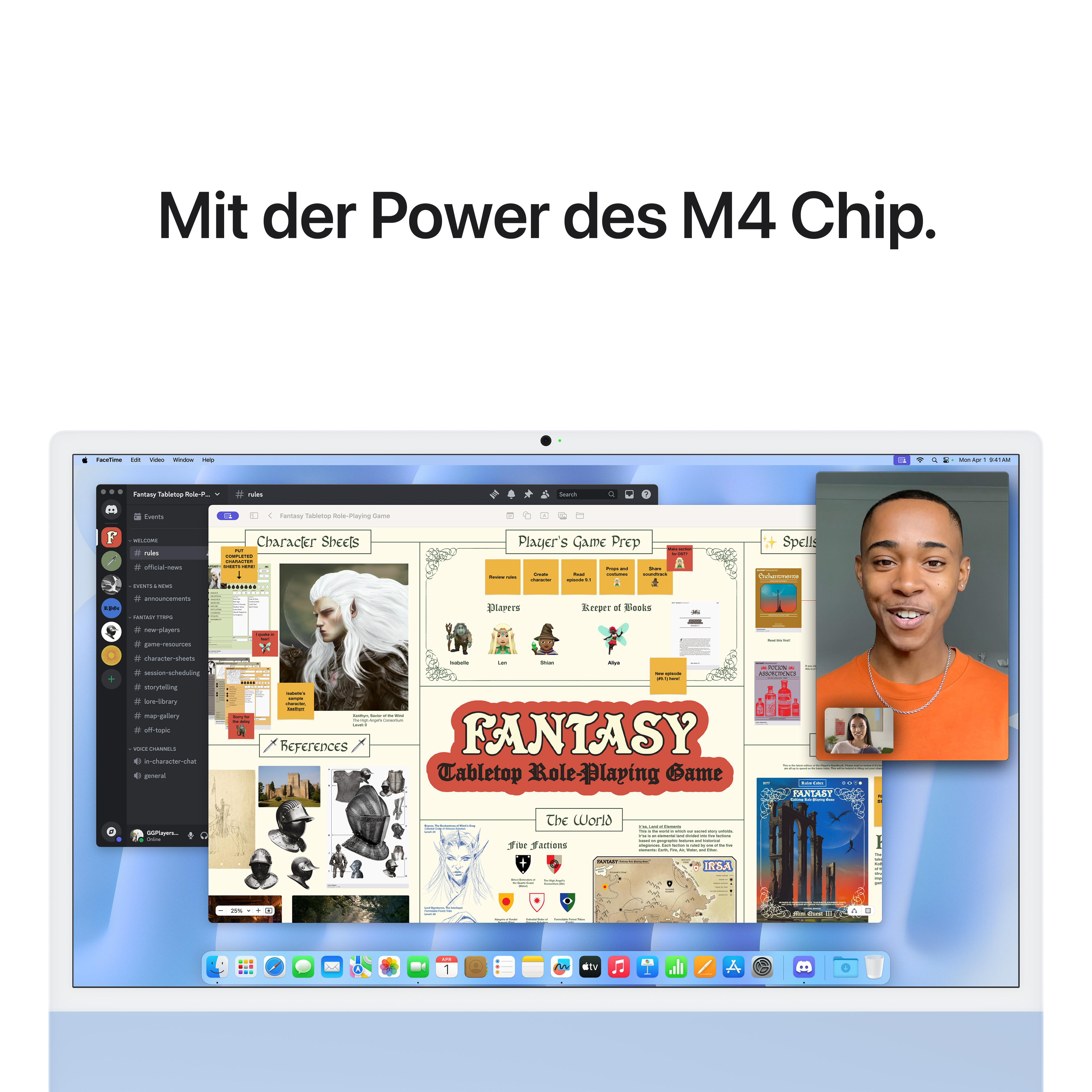 Laptop mit offenem Bildschirm, der eine Spieloberfläche, einen Videoanruf und ein Seitenmenü anzeigt.