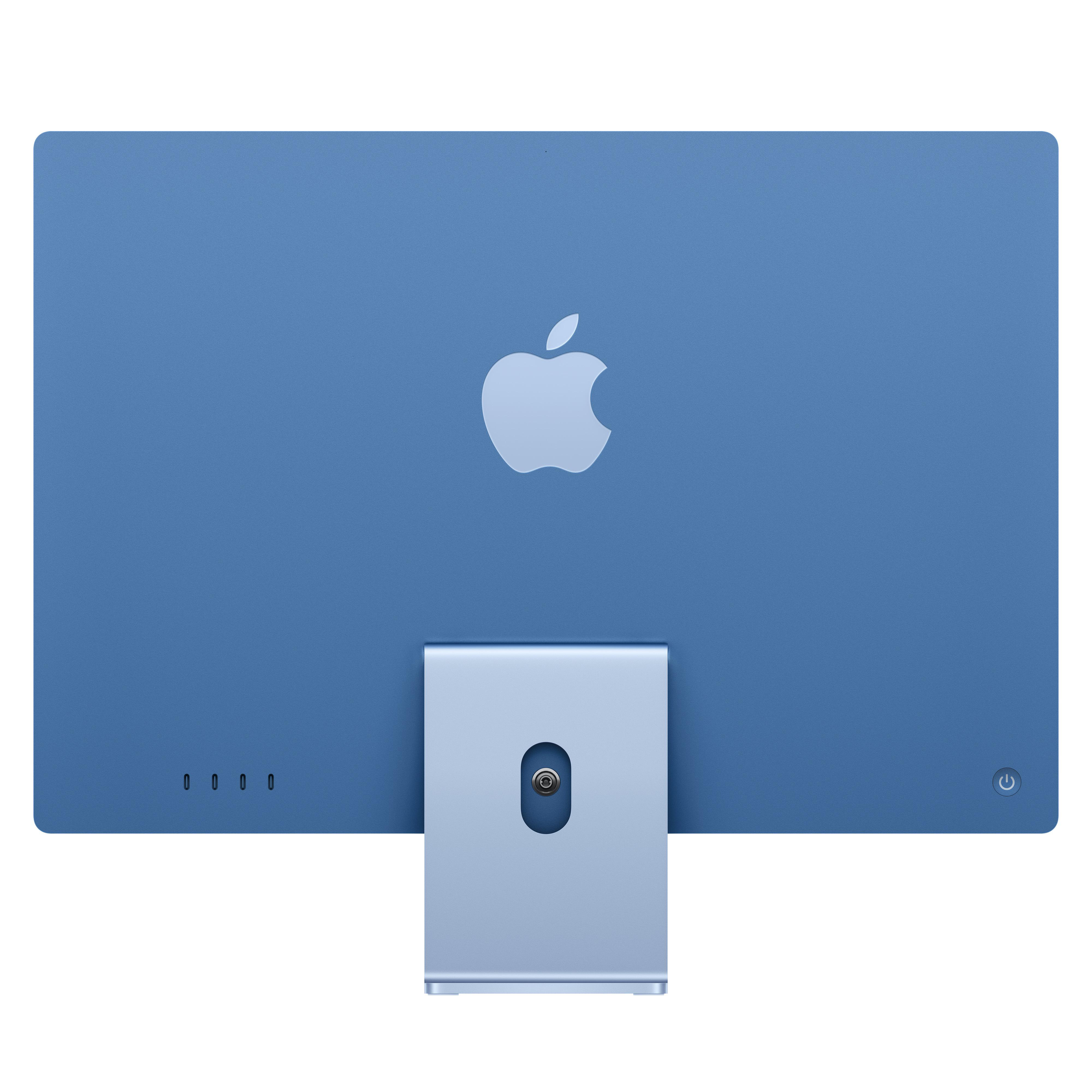 Rückansicht eines blauen iMacs mit Apple-Logo und silbernem Ständer vor weißem Hintergrund.