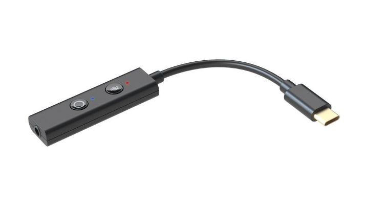 Czarny adapter USB-C na audio z mikrofonem i przyciskiem.