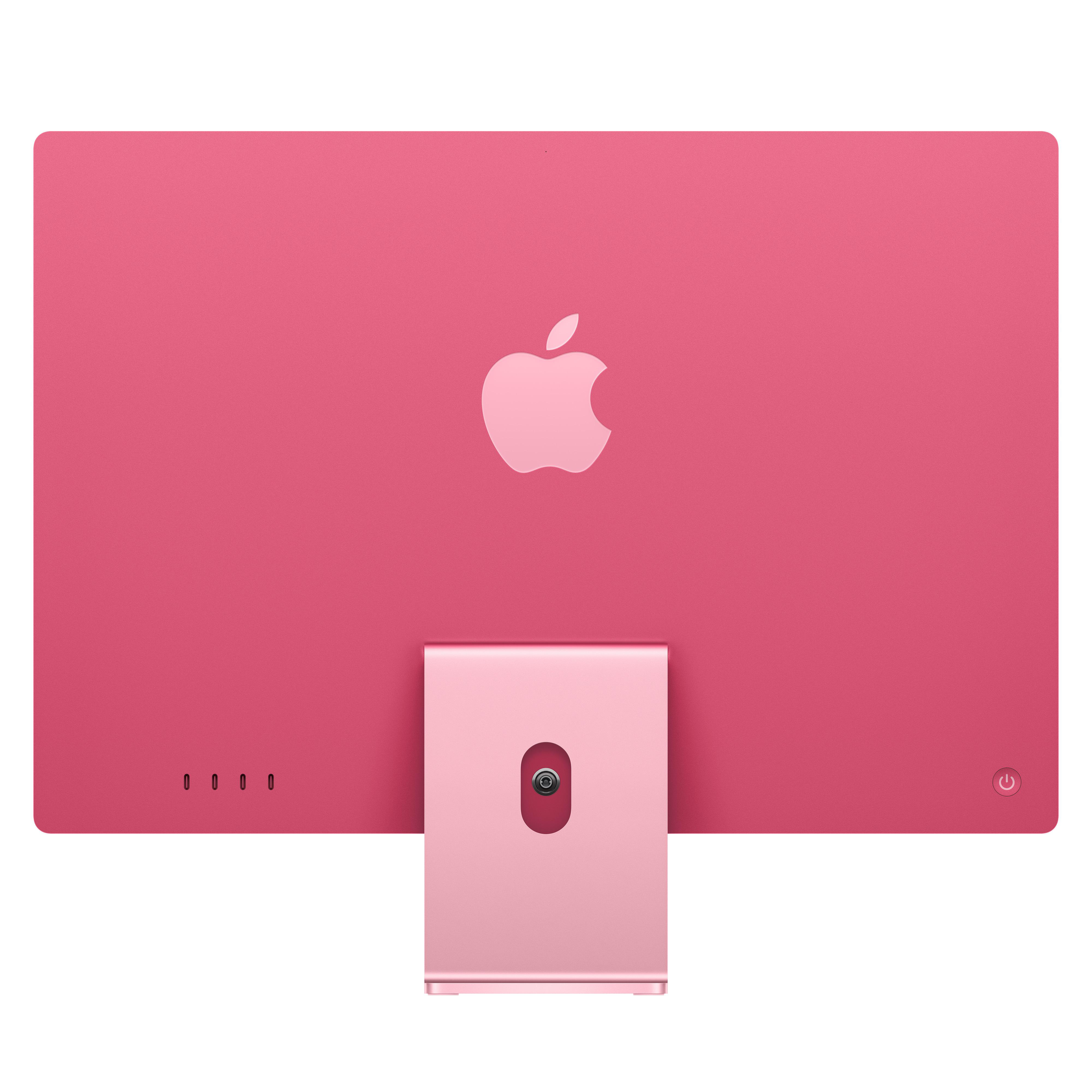 Rückansicht eines rosa iMac mit Logo und Ständer, auf weißem Hintergrund.