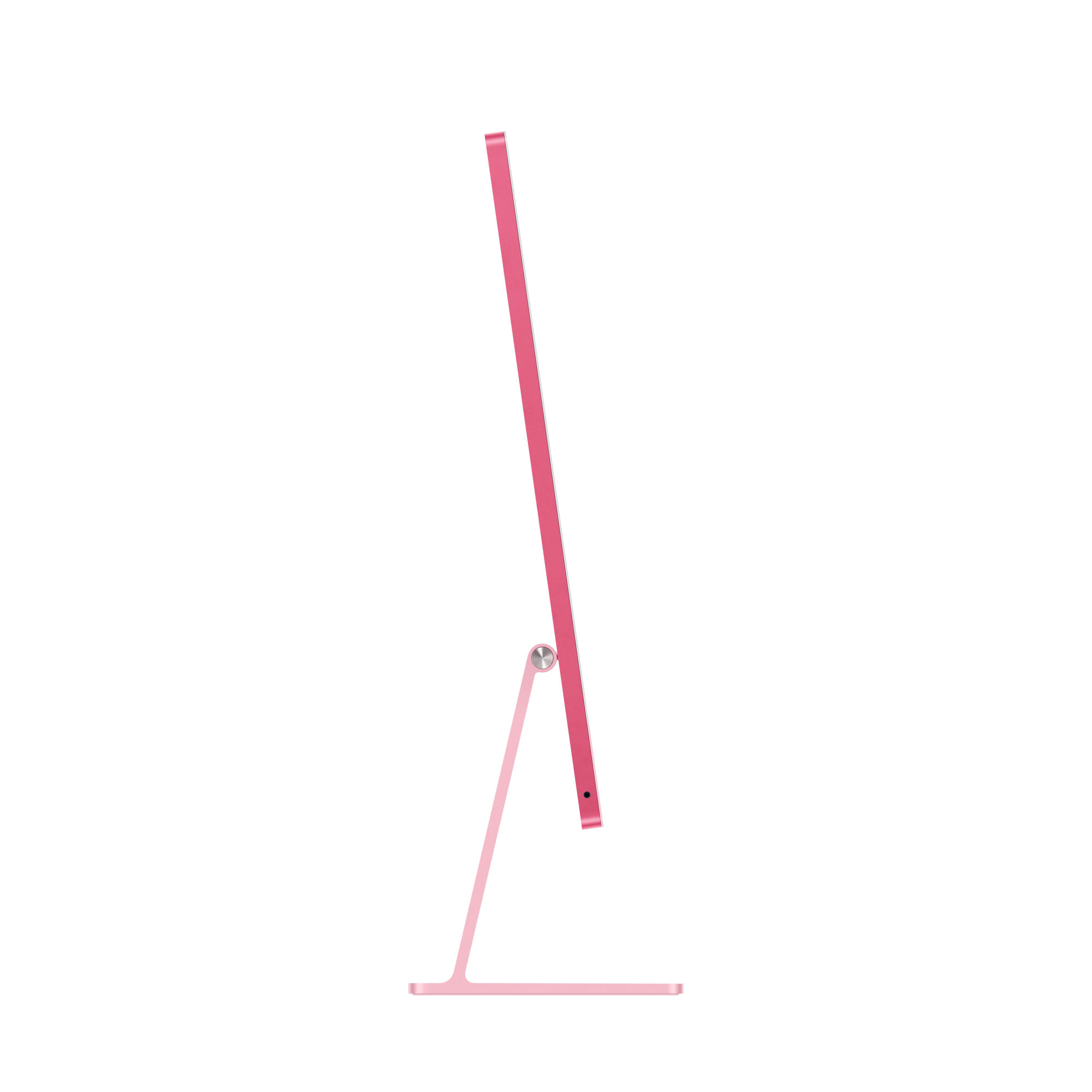 Rosa iMac-Computer von der Seite. Es hat einen dünnen Rahmen und einen silbernen Ständer, vor weißem Hintergrund.