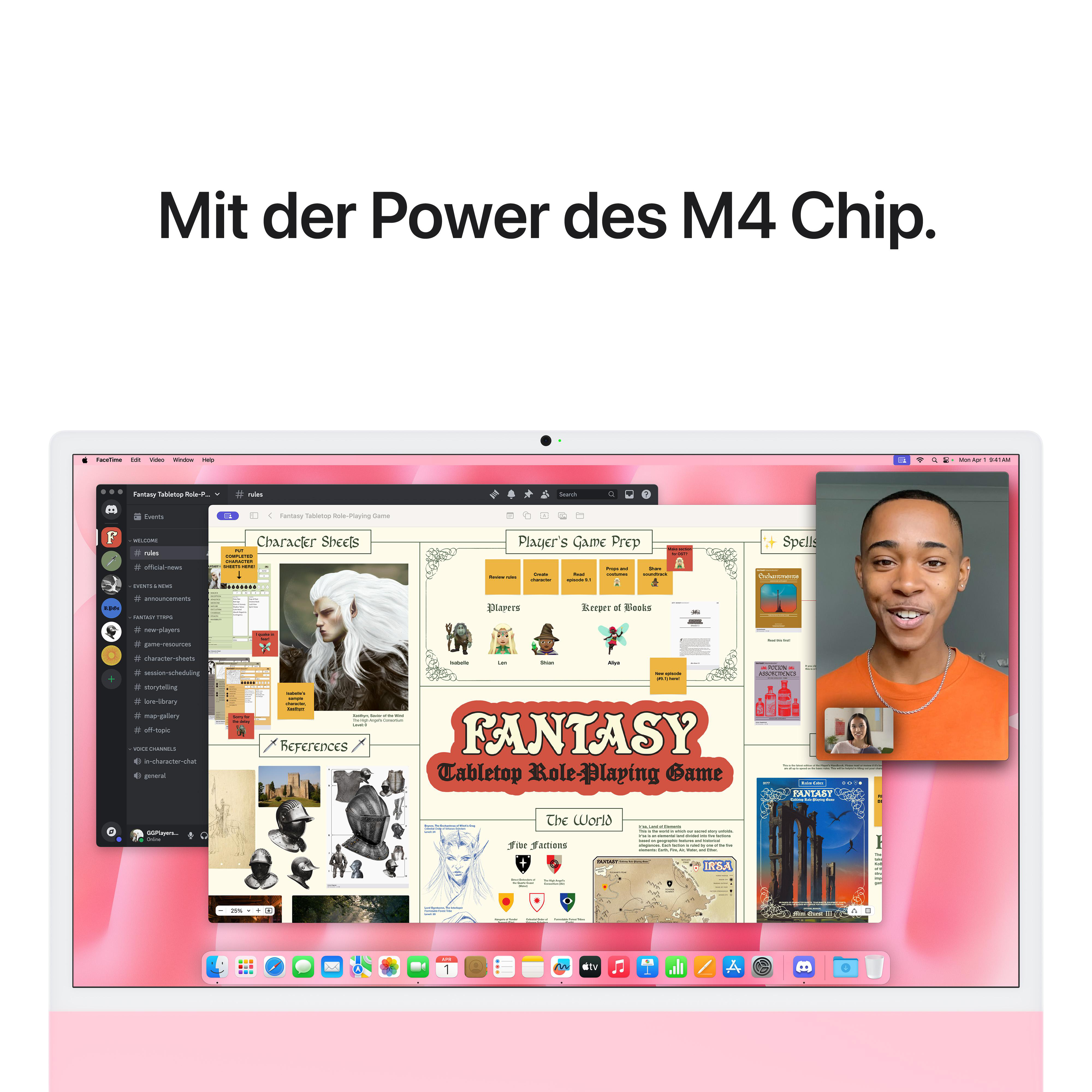 Eine Person nutzt einen iMac mit Videoanruf und anderen geöffneten Anwendungen. Der Text lautet „Fantasy“.