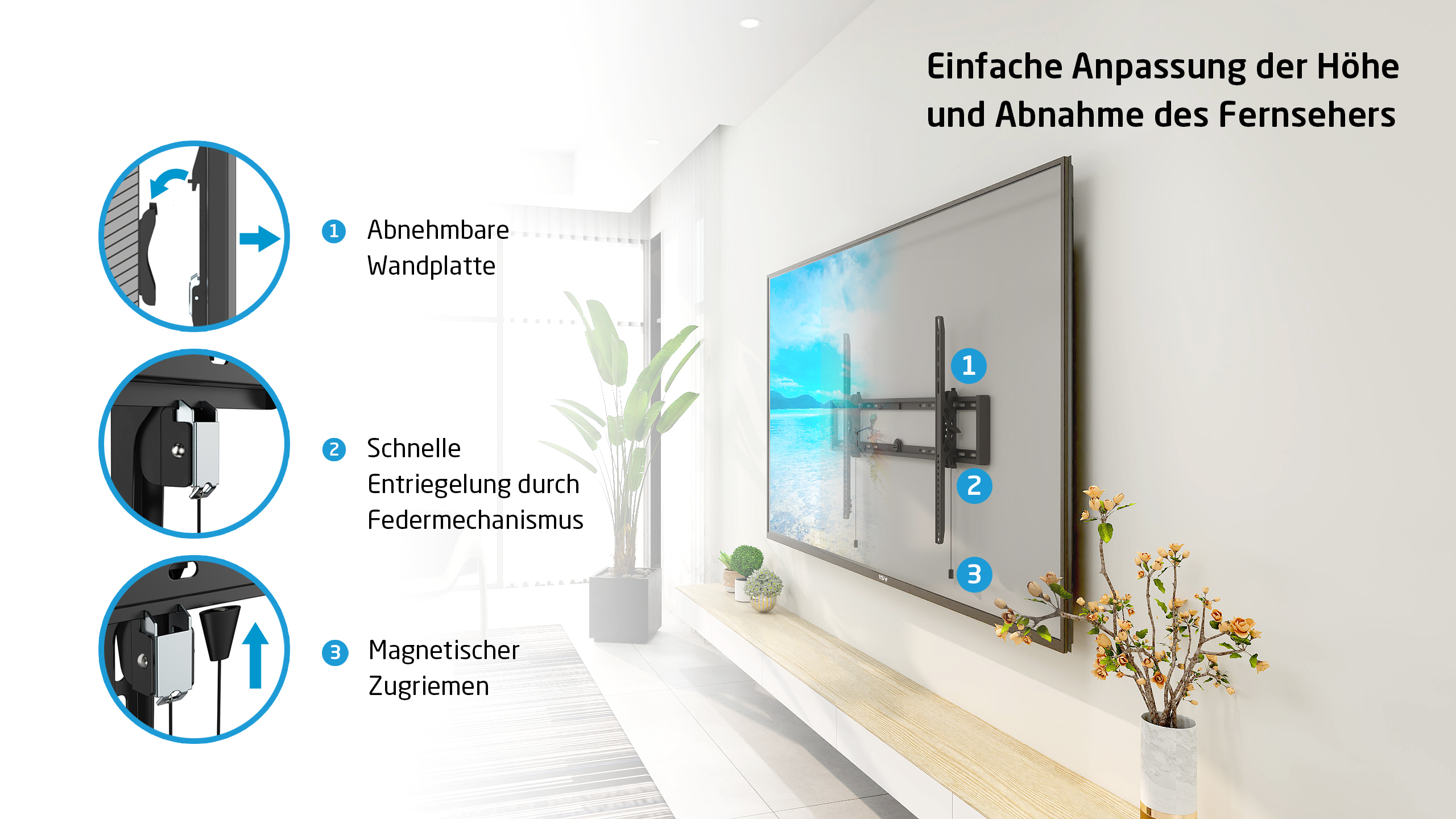 Support mural TV avec TV, mur et schémas montrant comment régler la hauteur et le retirer.