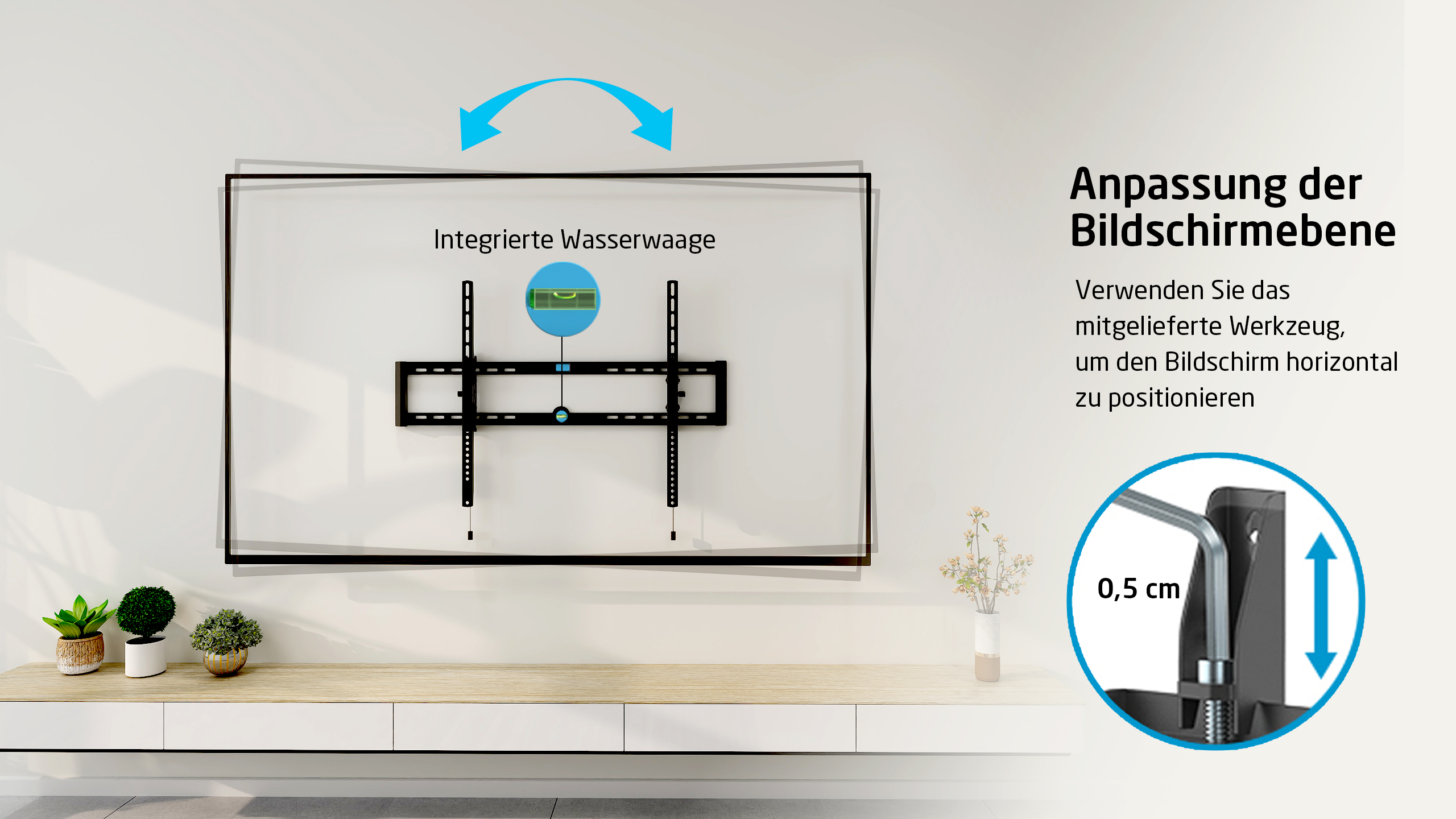 Écran de télévision installé sur un mur avec un niveau et un outil de réglage. Texte en allemand.