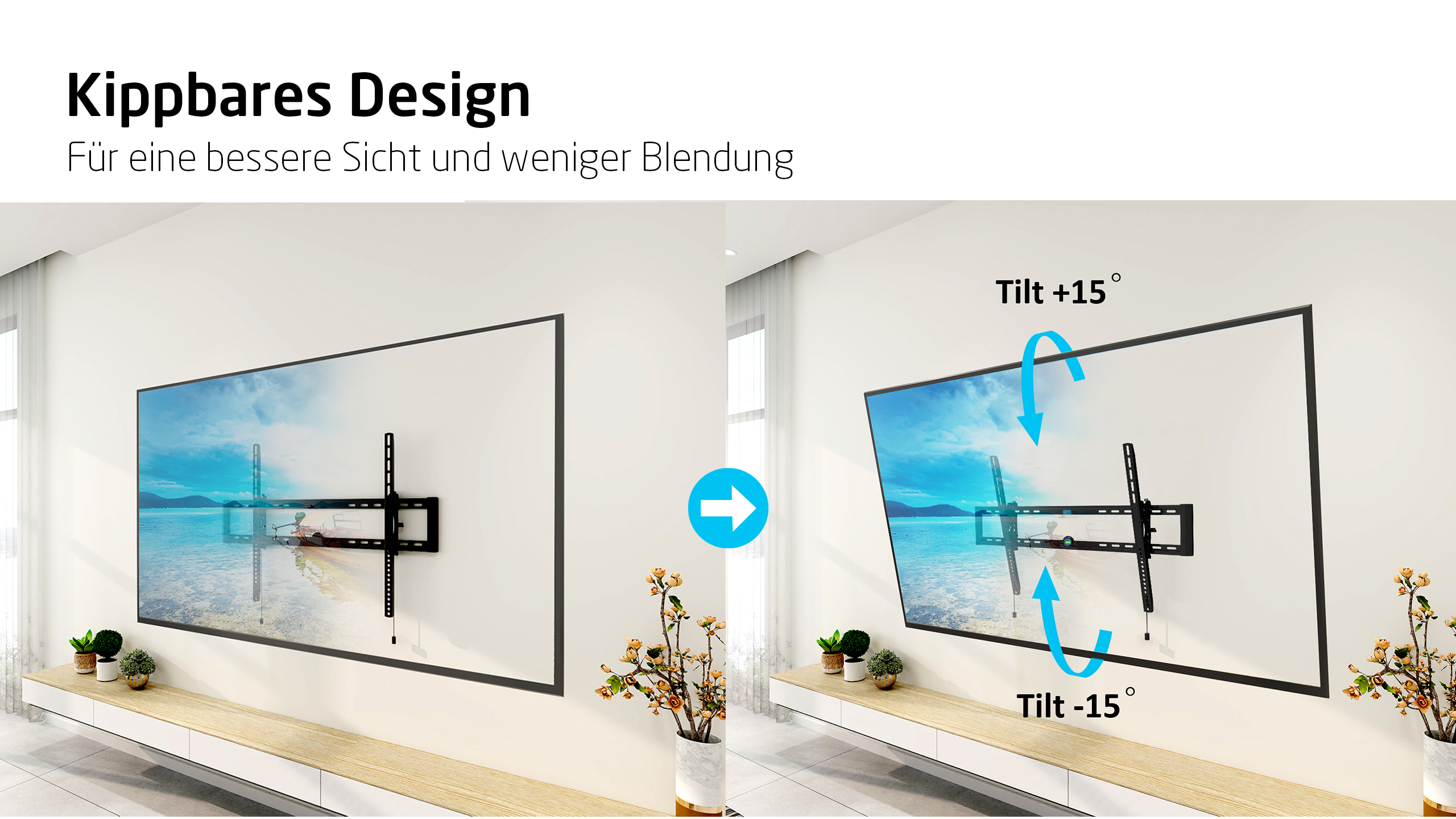 TV sur le mur avec un support inclinable. L'écran peut être incliné vers le haut et vers le bas.
