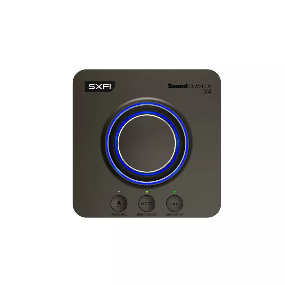 Czarne urządzenie audio Sound Blaster X4 z przyciskami i niebieskim pierścieniem.