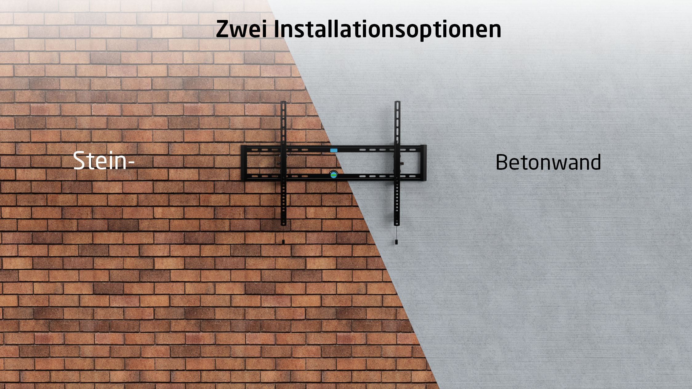 Image montrant un support TV installé sur un mur de briques et un mur en béton.