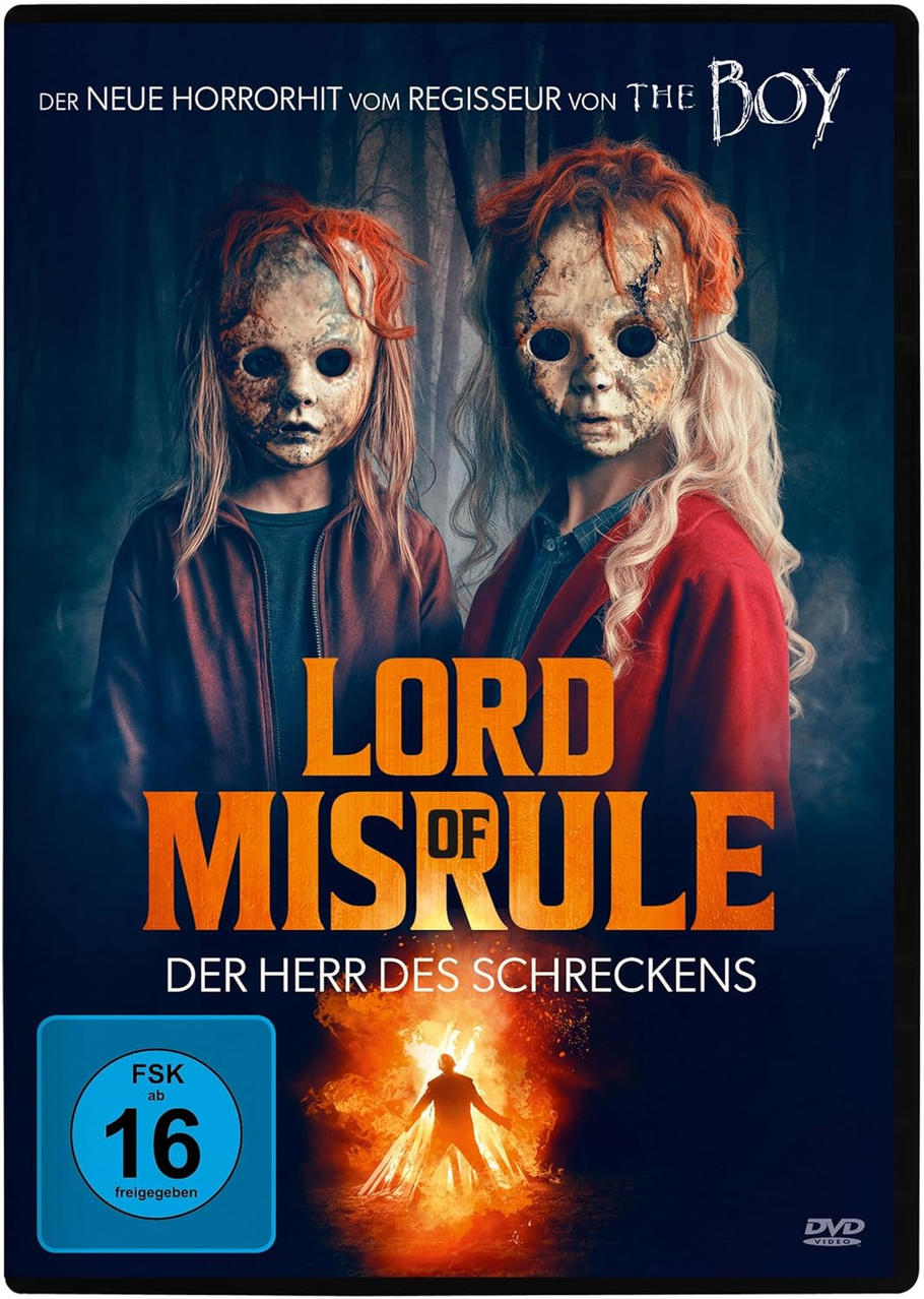 Filmcover mit zwei maskierten Kindern und Text 'LORD MISRULE'. Dunkler Hintergrund mit Wald und einer Figur.