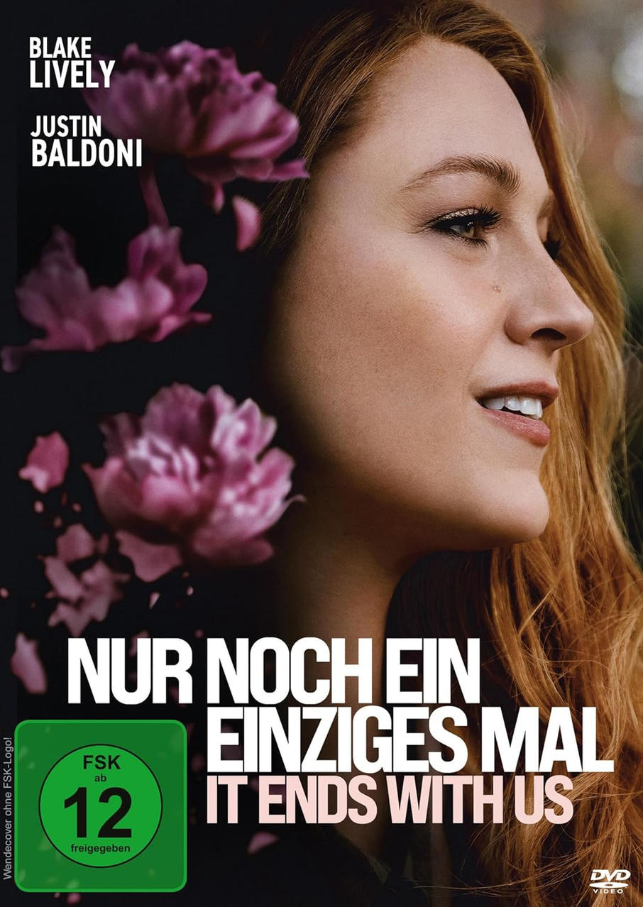 DVD-Cover, It Ends with Us. Blake Lively ist auf dem Cover. Eine Frau mit rosa Blumen. Freigegeben ab 12.