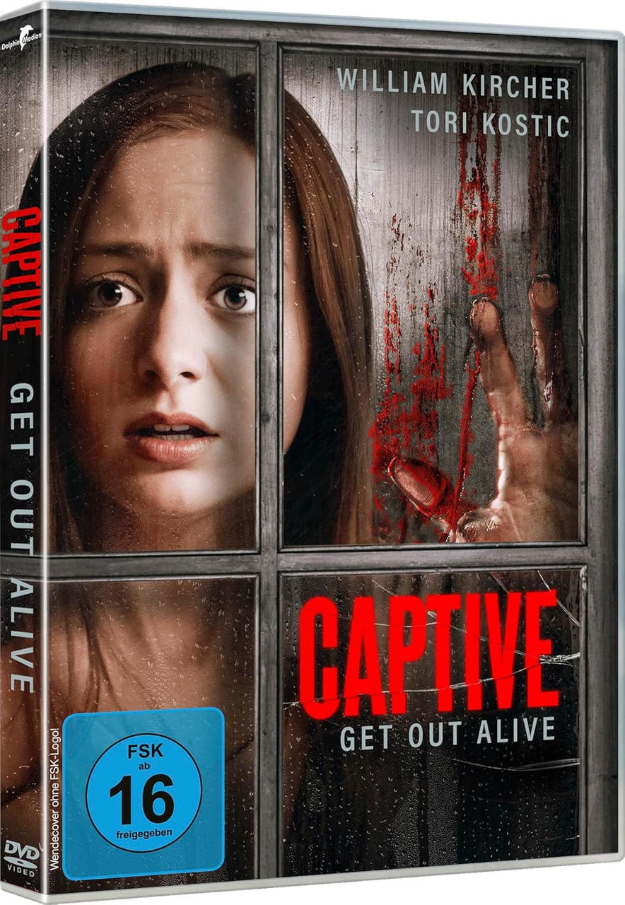 DVD-Cover mit einer verängstigten Frau und einer Hand mit Blut auf der Glasscheibe.