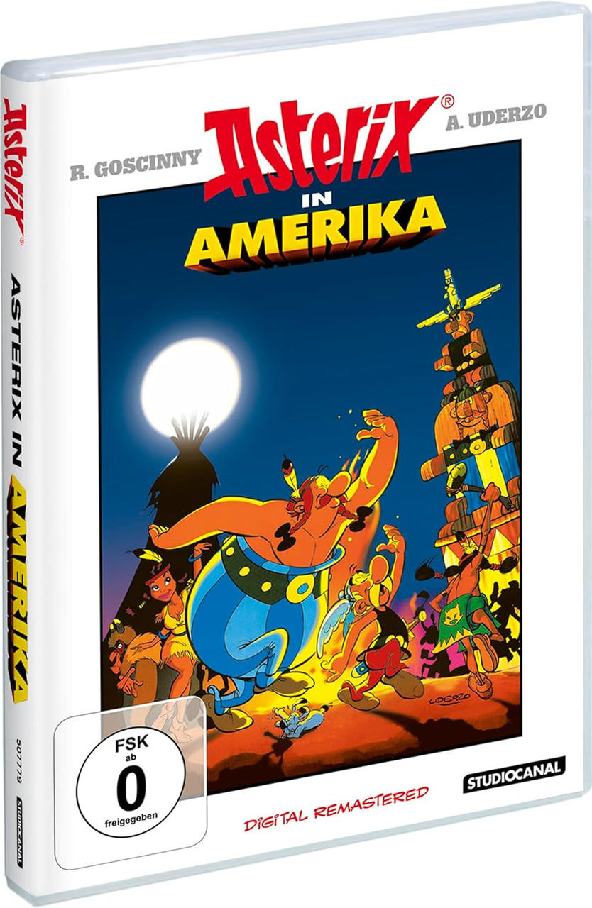 DVD-Hülle für 'Asterix in Amerika' mit Zeichentrickfiguren und einem Totempfahl. Der Titel ist sichtbar.