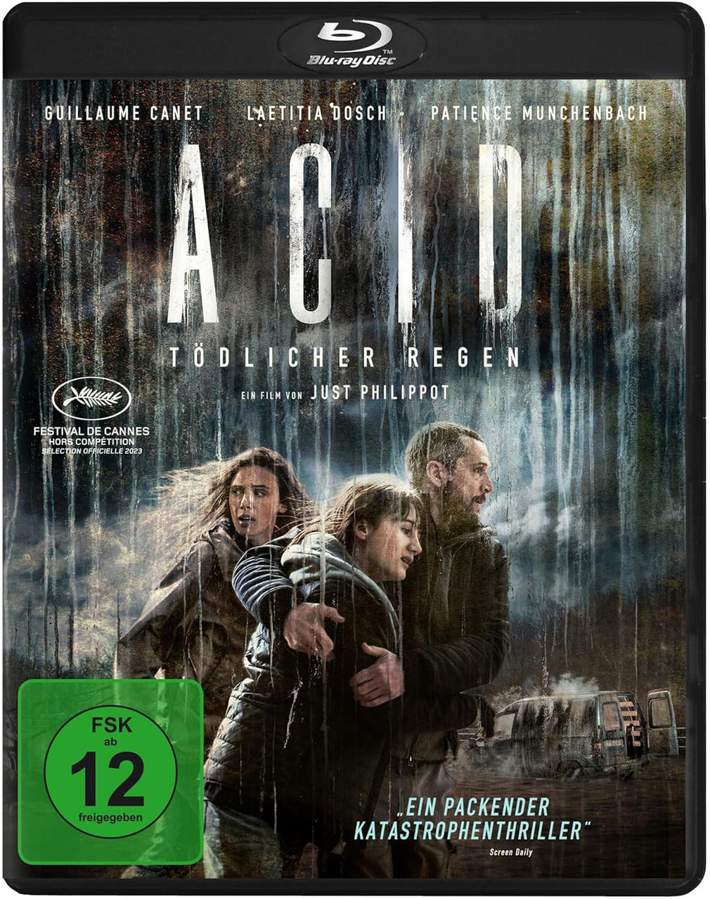 DVD-Cover des Films 'Acid', mit drei Personen in einer regendurchfluteten Szene.