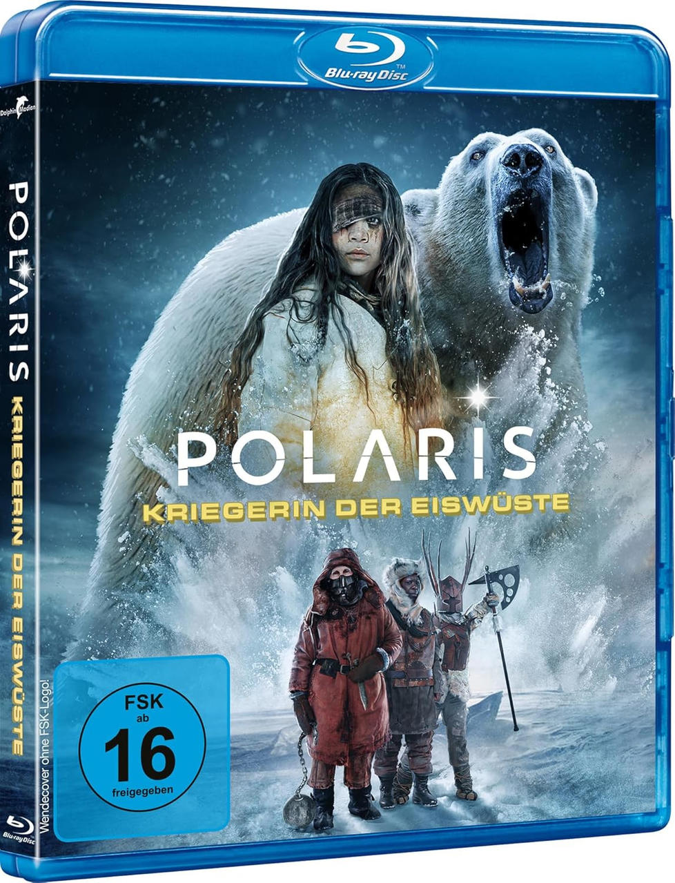 Blu-ray-Cover für den Film Polaris, mit einer Frau und einem Eisbären. Titel: Polaris.
