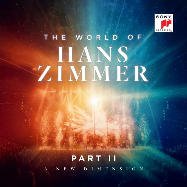 Konzertplakat für Hans Zimmers 'The World Of'. Mit Bühnenlichtern, Text und Publikumssilhouetten sowie einem Sony Classical Logo.
