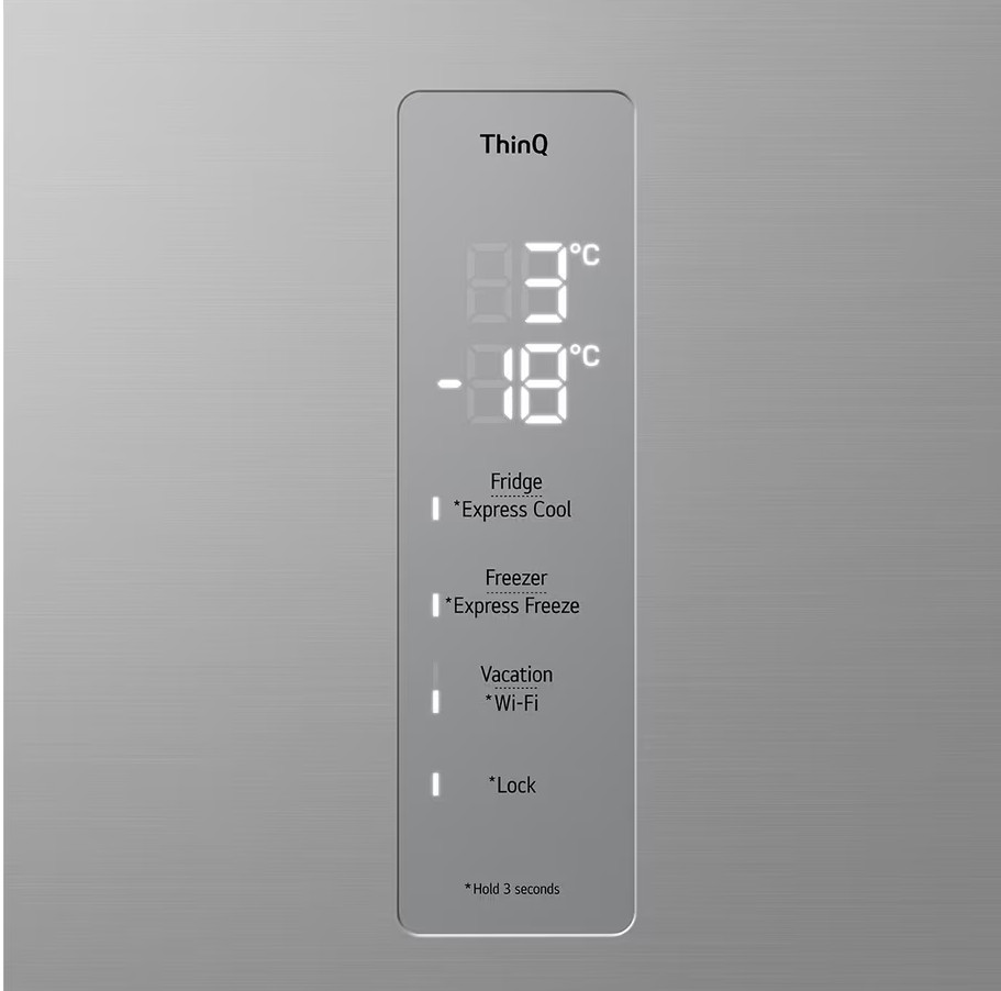 Panel sterowania lodówki z cyfrowym wyświetlaczem temperatury i opcji.