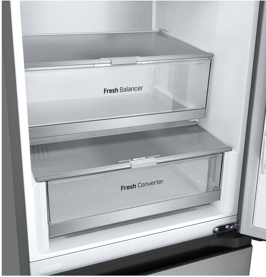 Wnętrze lodówki z dwiema przezroczystymi szufladami oznaczonymi „Fresh Balancer” i „Fresh Converter”.