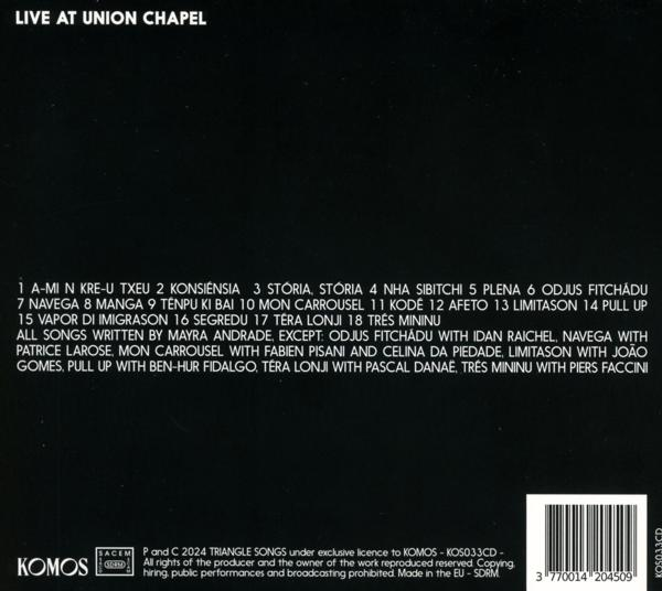 Rückseite einer CD mit Titelliste und Credits. Enthält den Titel 'Live at Union Chapel'.